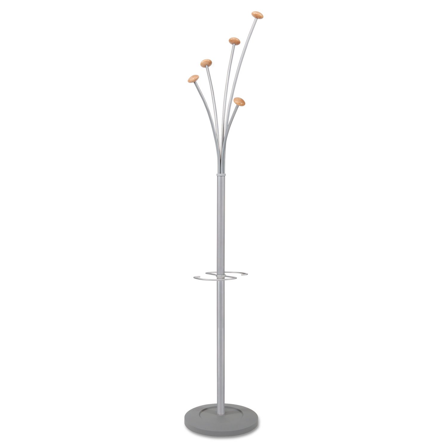 ALBA PMFEST Coat Rack with Umbrella Holder - 5 Hooks, Silver Gray Steel & Wood Design - Perfect for Entryway, Hallway, Bedroom, or Office Organization