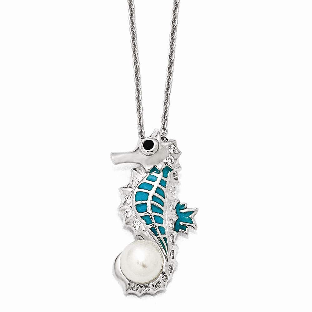 925 Sterling Silver Spring Ring CZ Cubic Zirconia Simulated Diamond & Freshwater Pearl Seahorse Necklace - 18 Inch Elegant Jewelry Gift for Women, Perfect for Birthday, Anniversary, Valentine's Day & Special Occasions