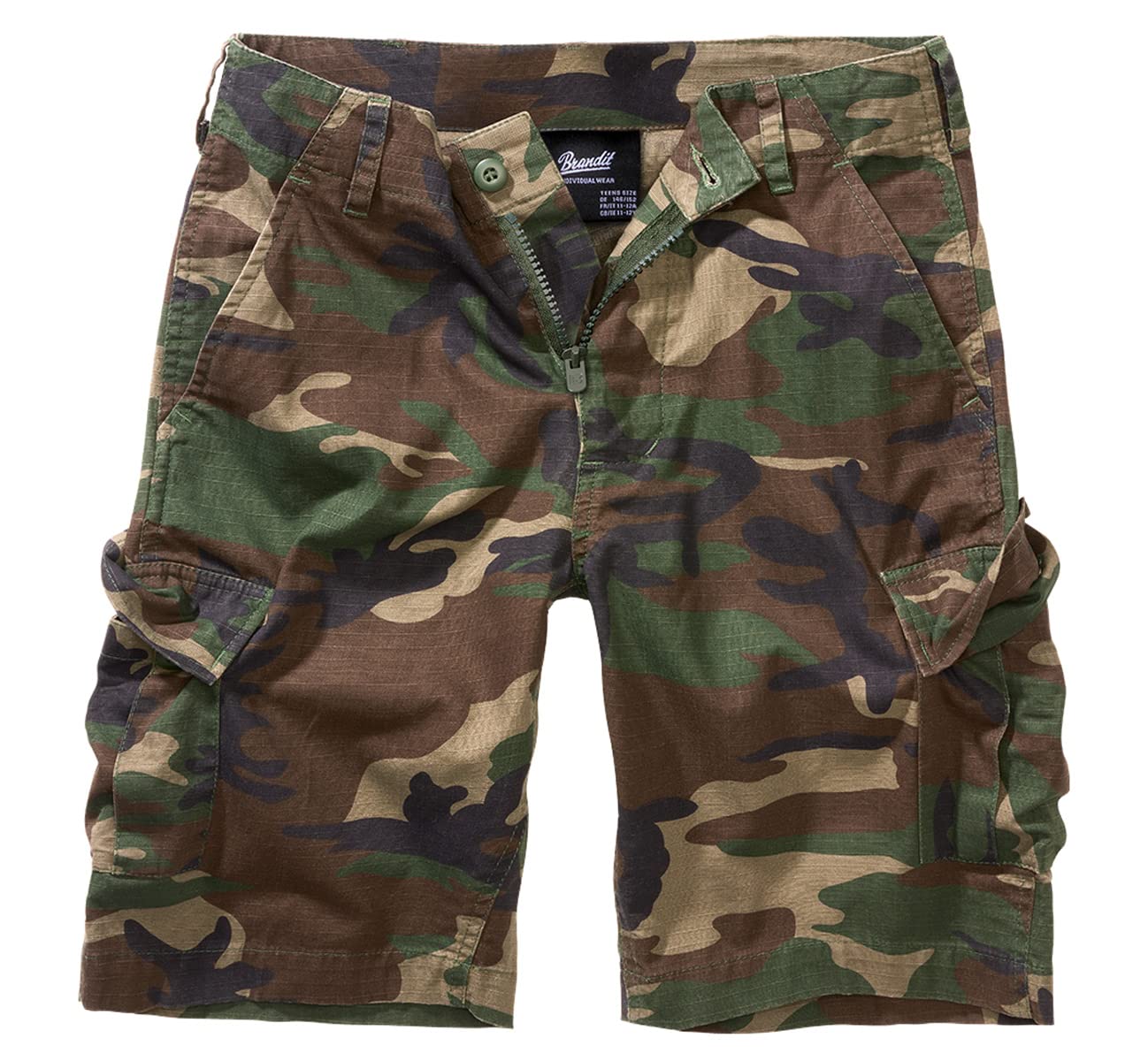 Brandit Kids BDU Shorts Woodland Camo - Durable Military Style Cargo Shorts for Boys & Girls - Perfect for Outdoor Adventures, Hiking, and Playtime