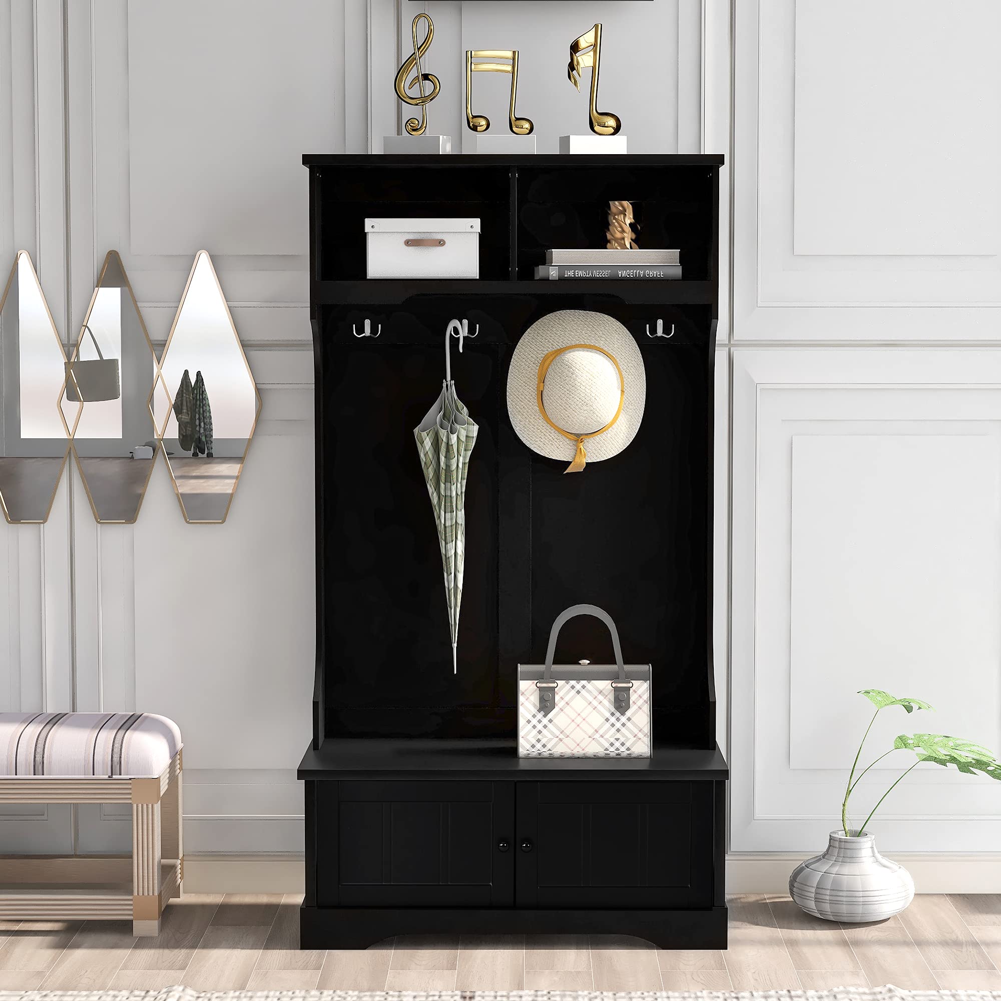 3-in-1 Entryway Hall Tree with Storage Bench - Modern Coat Rack & Shoe Cabinet with Top/Bottom Storage - Space Saving Entryway Organizer for Living Room, Hallway & Foyer (Black) - Perfect for Small Spaces & Home Organization