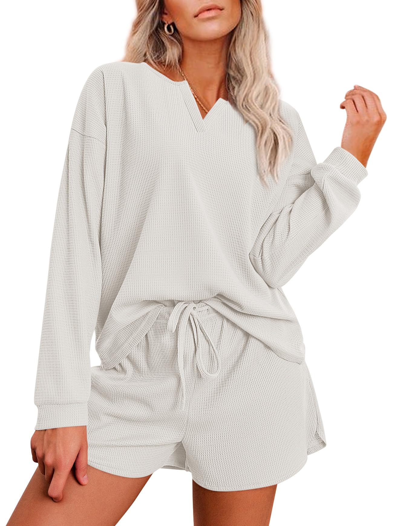 Ekouaer Women's Waffle Knit Pajama Set - Long Sleeve Top & Shorts Lounge Wear - Soft Comfortable Sleepwear & Loungewear (Sizes S-XXL) - Perfect for Sleepovers, Relaxing at Home & Cozy Nights