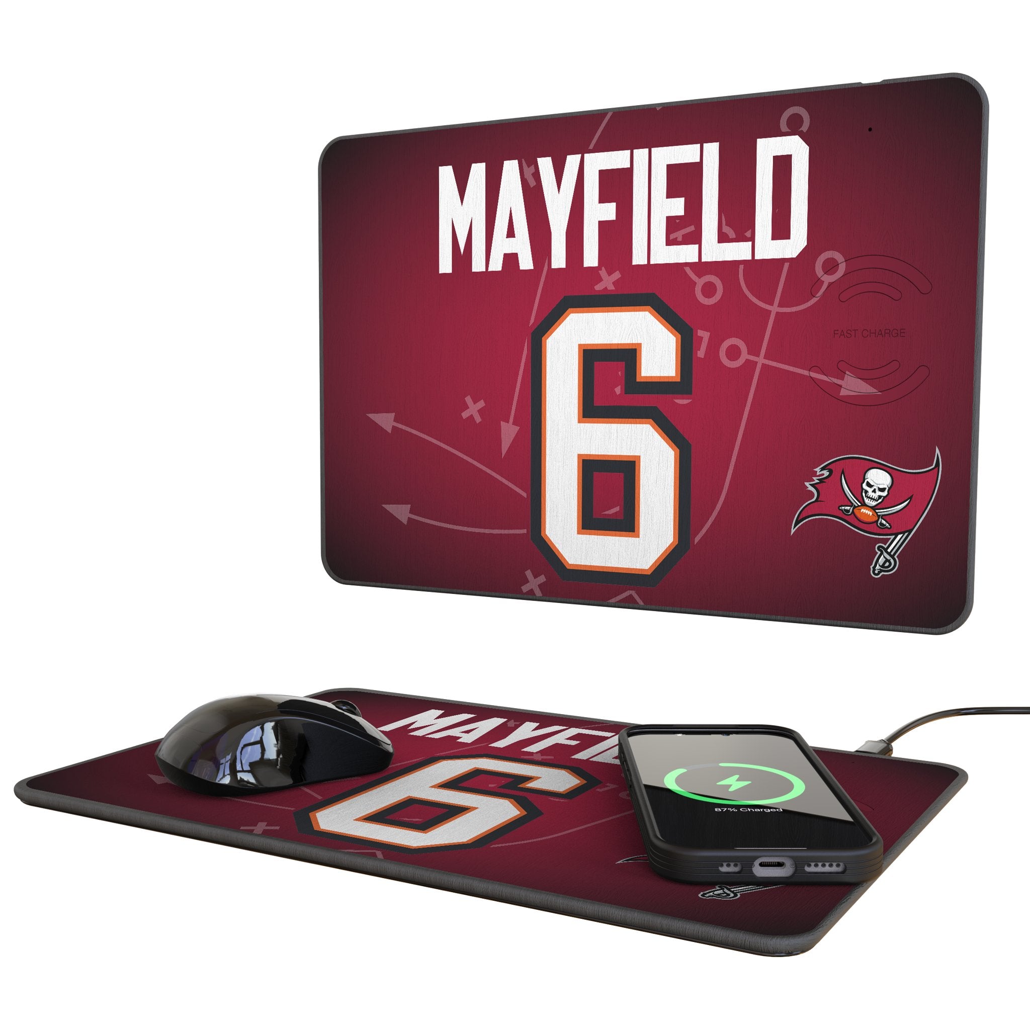 Baker Mayfield Tampa Bay Buccaneers Wireless Charging Mouse Pad - 15W Fast Charging Gaming Mousepad with 6 Game Tactics - Perfect for Football Fans, Office & Gaming Setup