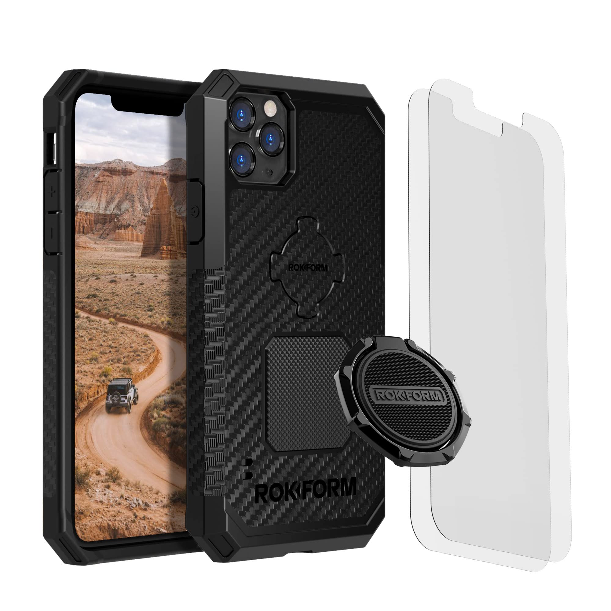 Rokform iPhone 11 Pro Max Rugged Case with Magnetic Sport Ring Stand & Grip + 2-Pack Screen Protector Kit - Durable Protection for Outdoor Adventures, Sports, and Daily Use