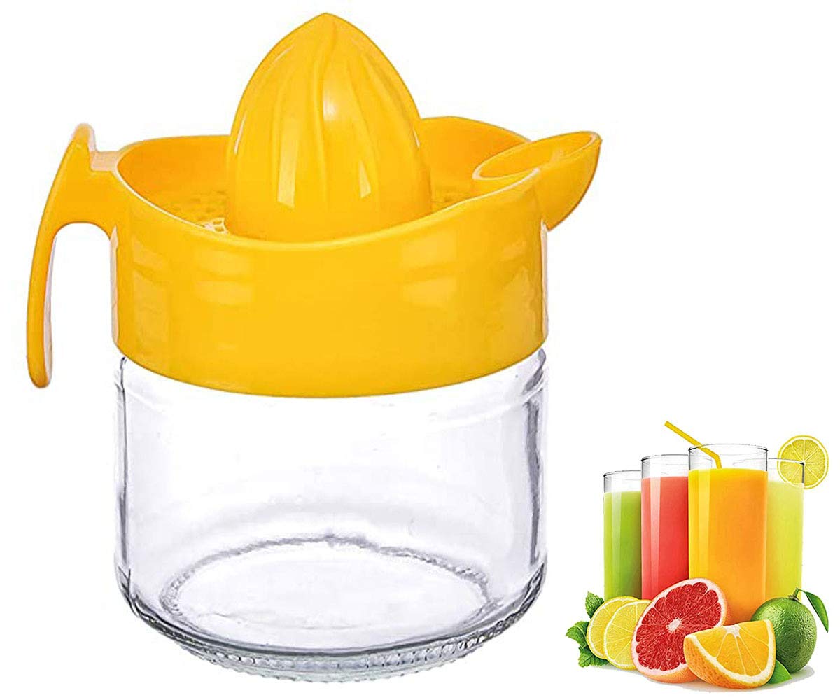Premium Glass Manual Citrus Juicer - Hand Press for Lemon, Lime, Orange & Fruits - Heavy Duty Squeezer Jug (Yellow) - Perfect for Fresh Juice, Cocktails & Healthy Drinks at Home
