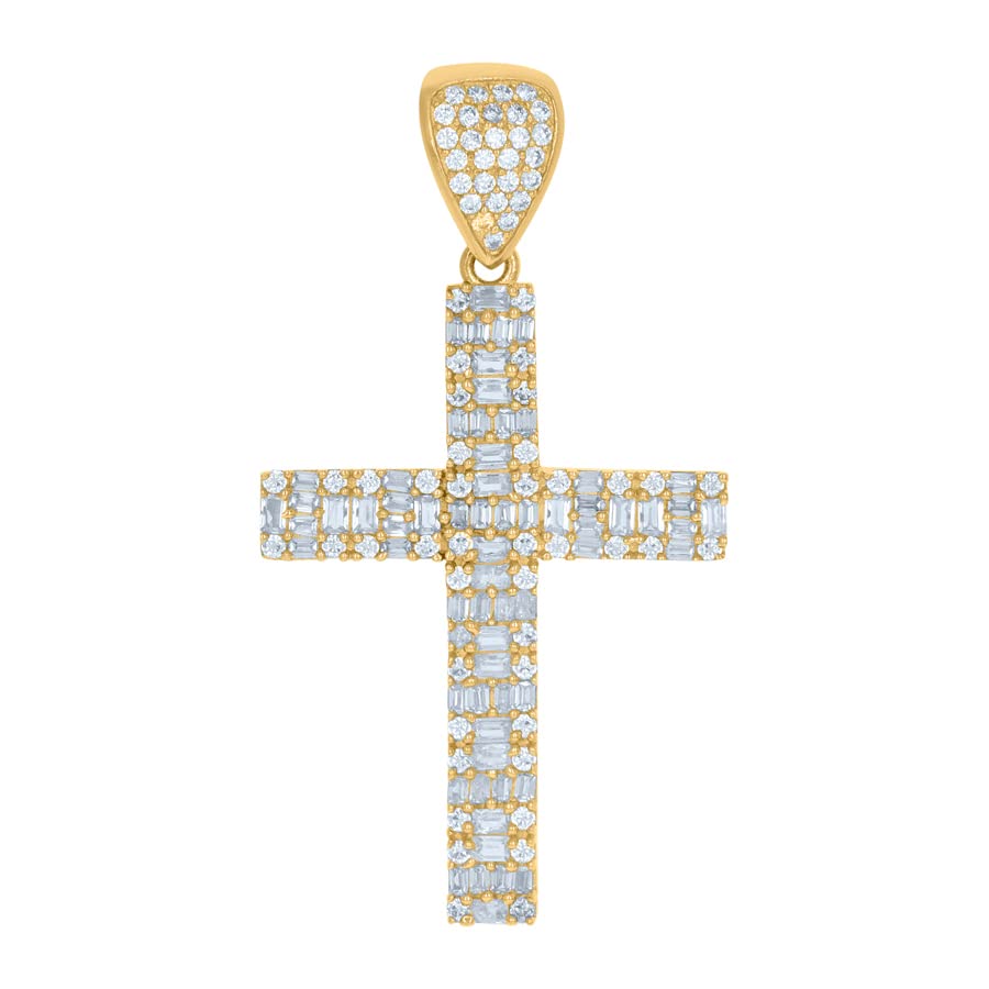 10K Yellow Gold Men's Baguette & Round CZ Cubic Zirconia Simulated Diamond Cross Pendant Necklace - 42.4x22mm Religious Jewelry Gift for Him - Perfect for Baptism, Confirmation, Christmas & Everyday Wear