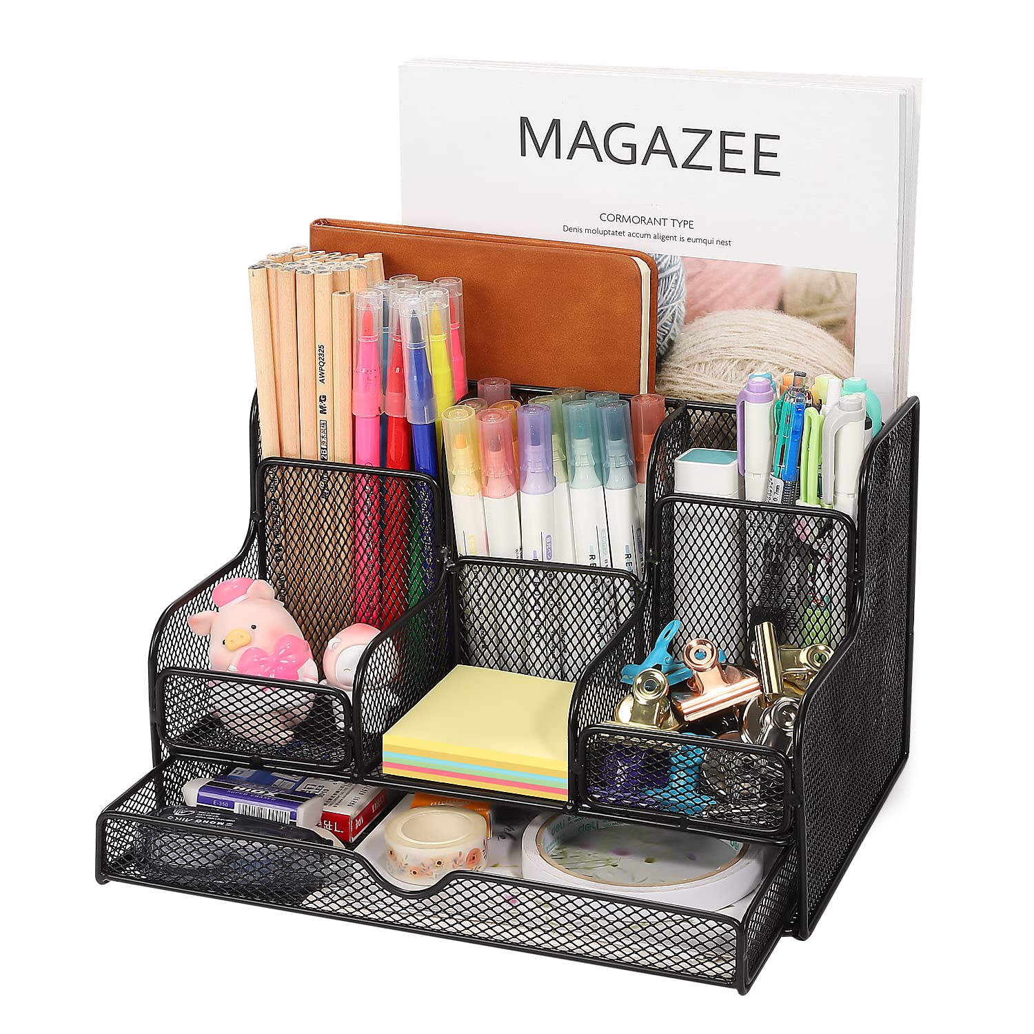 MoKo Desk Organizer with Drawer - 7 Compartment Mesh Office Supplies Storage Caddy for Notebooks, Pens, Pencils & Makeup | Black Desktop Organizer for Home & Office Workspace Accessories