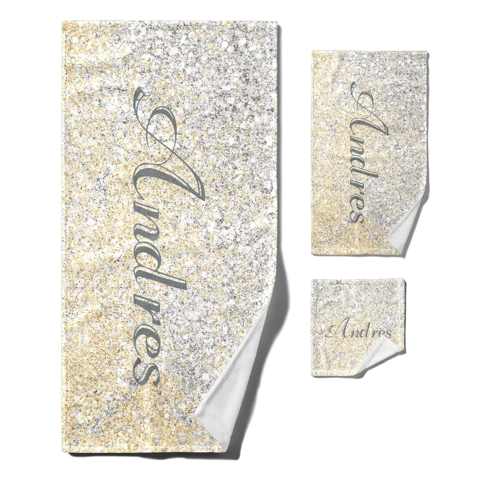 Personalized Silver & Gold Sparkle Quick-Dry Microfiber Towel Set - Bath, Hand & Washcloth for Kids & Adults | Perfect for Birthday, Wedding & Special Occasion Gifts | Home Spa, Guest Bathroom & Luxury Bath Essentials