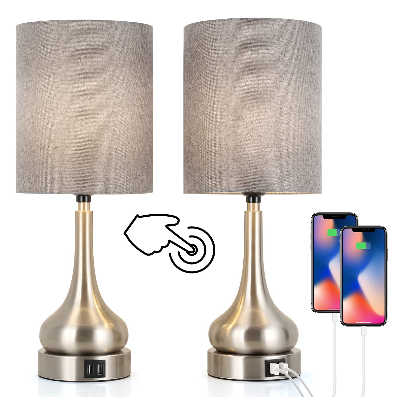 BTY Touch Control Table Lamps Set of 2 - Modern Bedside Desk Lamps with 2 USB Charging Ports, Nightstand Lighting for Bedroom, Living Room, Office | Dimmable Reading Lamp in Grey (Perfect for Night Reading and Phone Charging)