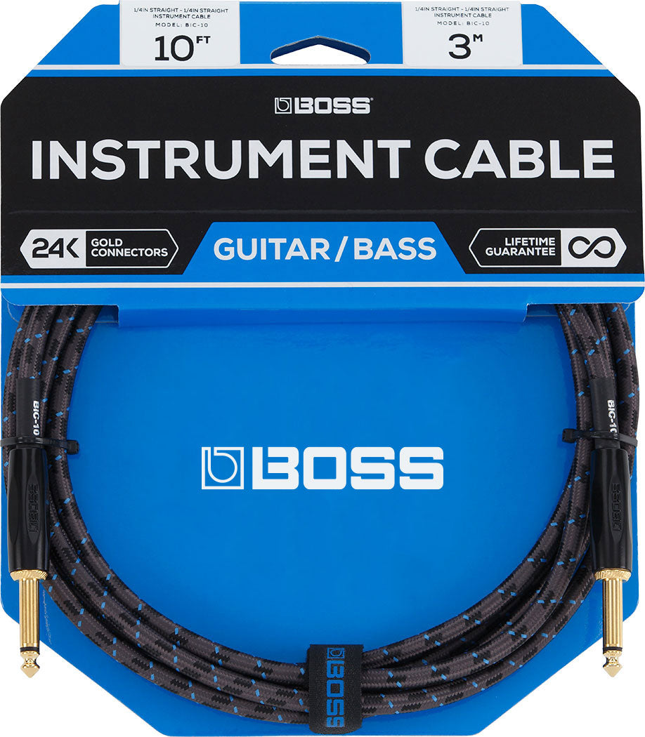 Boss BIC 10 Professional 10ft Instrument Cable for Guitar, Bass & Keyboards - Straight to Straight Connector - Durable & Low Noise - Perfect for Live Performances & Studio Recording