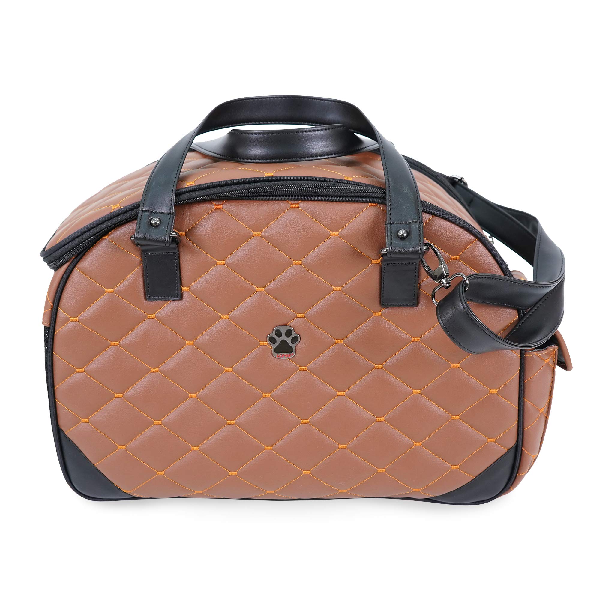 SUSSEXHOME Small Pet Carrier for Dogs & Cats - Waterproof Faux Leather Travel Tote Bag with Double Strap - 19.7 x 8.7 x 13.4 Inch Camel Color - Perfect for Air Travel, Vet Visits & Daily Outings