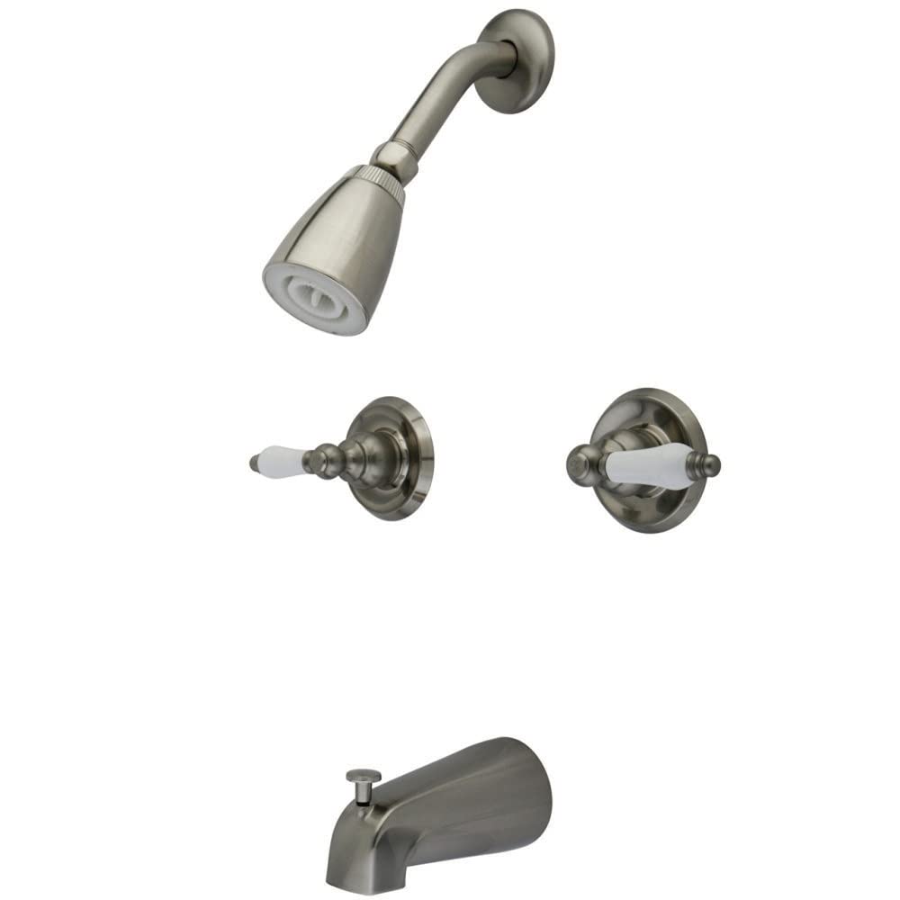 Kingston Brass KB248PL Brushed Nickel Twin Handle Tub and Shower Faucet with Decor Lever Handle - Perfect for Bathroom Renovation and Modern Home Decor