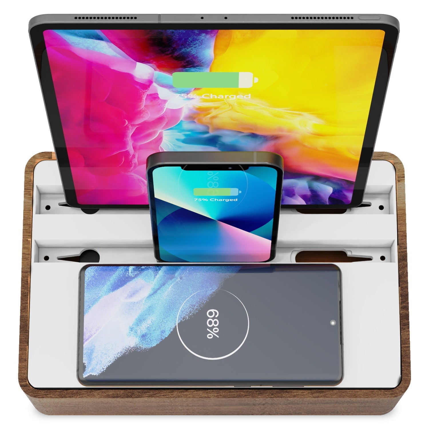 Premium ALLDOCK Wireless Charging Station - Walnut & White Finish - Fast Qi Charging for iPhone, Samsung, AirPods - Perfect for Home, Office & Nightstand Use