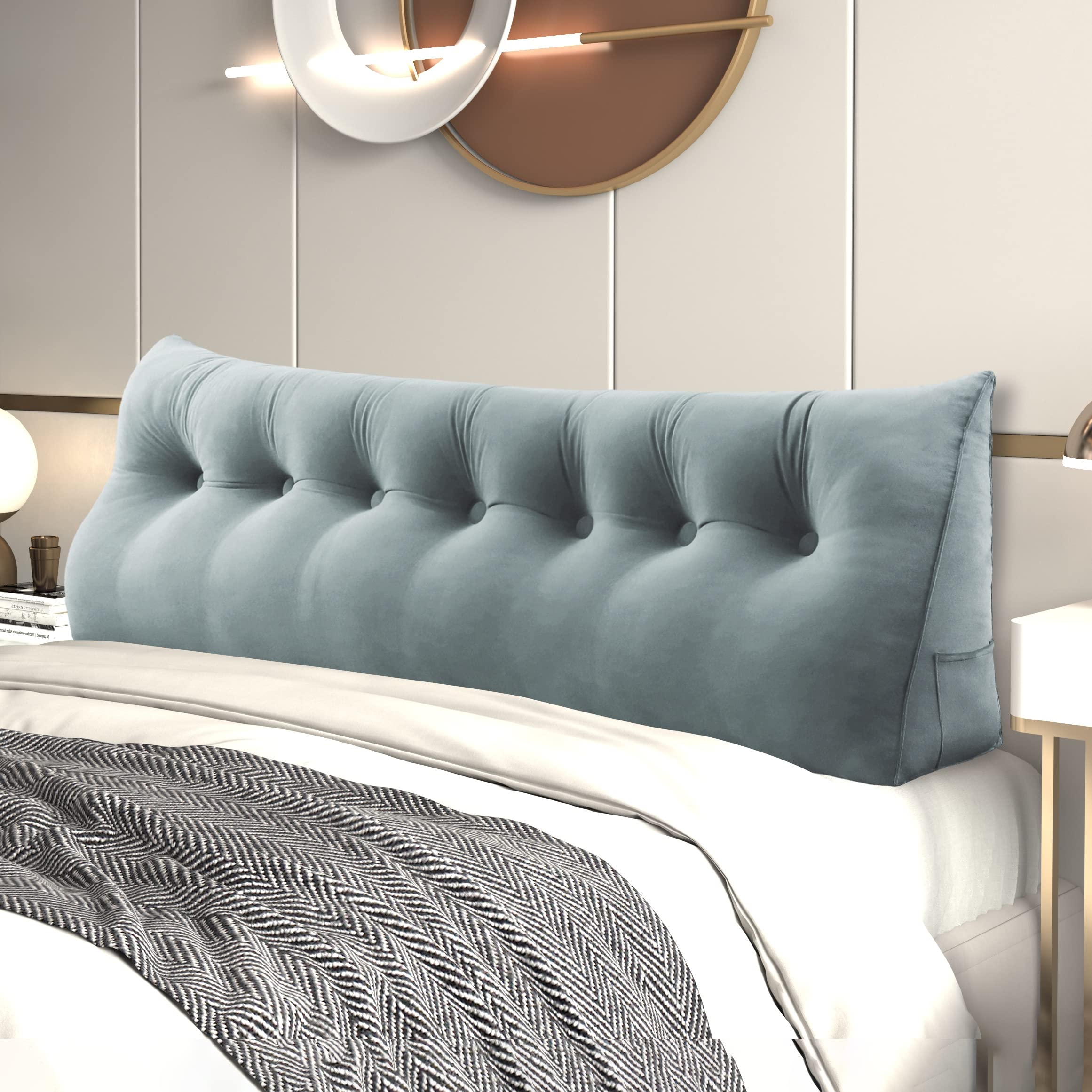 Johnear Velvet Wedge Headboard Pillow - King Size Large Bolster Backrest for Sitting in Bed, Lumbar Support Reading Pillow with Upholstered Triangular Cushion | Perfect for Daybeds, Book Reading, and Back Pain Relief (Light Gray)