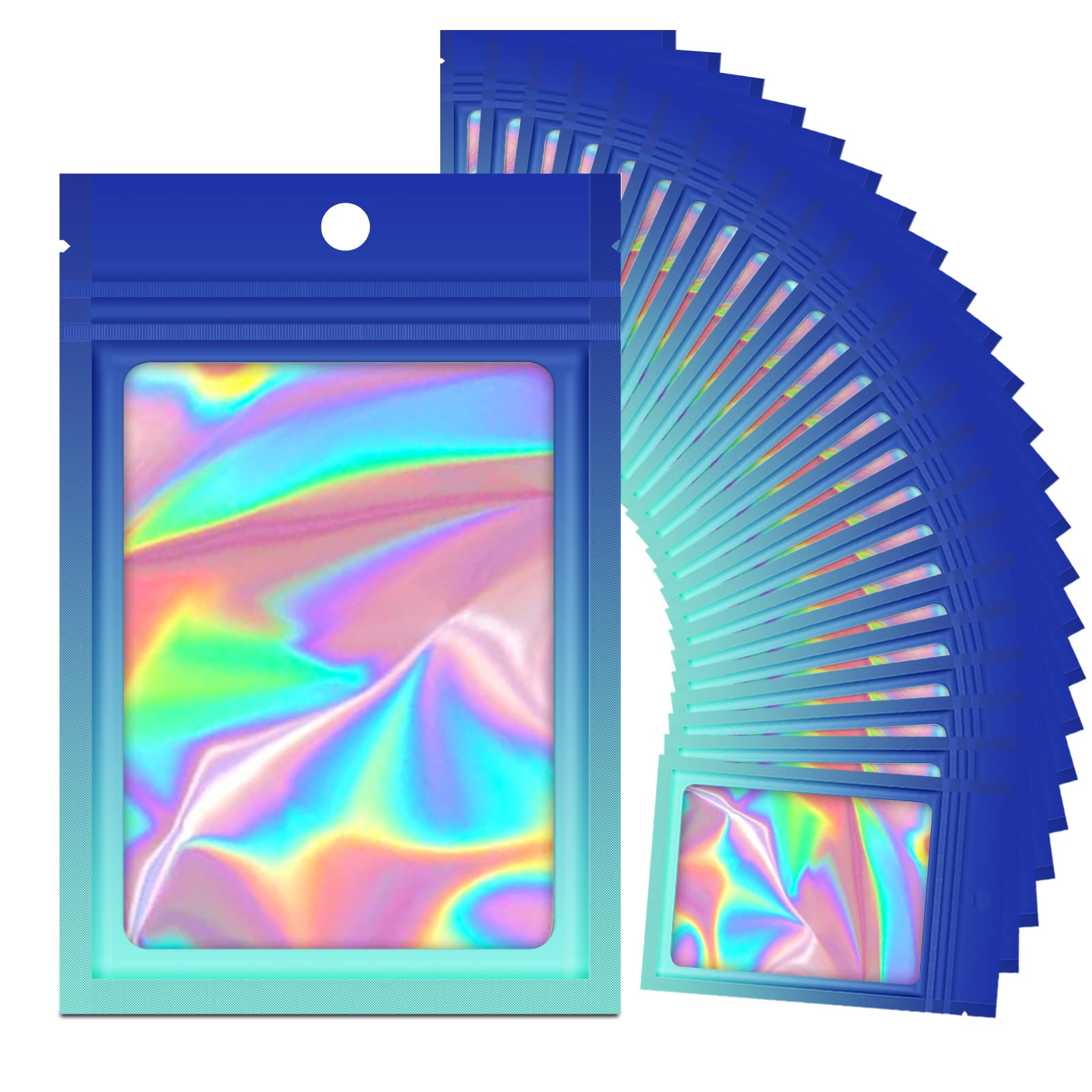 100-Pack Holographic Gradient Mylar Ziplock Bags with Clear Window - 4.1x5.9 Inch Resealable Stand-Up Pouches for Party Favors, Candy, Snacks, Cosmetics & Sample Packaging (Gradient Blue)