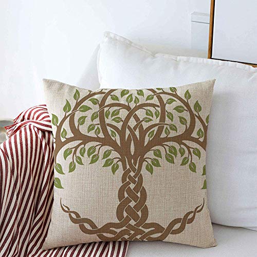 Floral Green Knot Round Celtic Brown Tree Roots Linen Throw Pillow Covers 20x20 Inch - Modern Nature Leaves Textured Decor for Couch, Car, Bedroom | Perfect for Boho Home Decor & Cozy Living Room Accents
