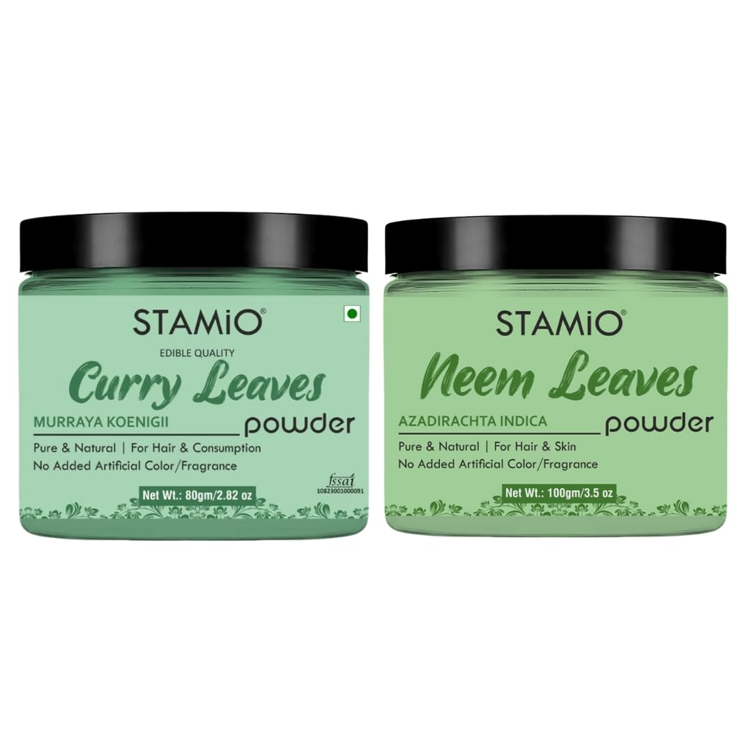 STAMIO Neem & Curry Leaves Hair Mask Powder Combo - 100g + 80g Natural Anti-Dandruff Treatment for Shiny Hair | Herbal Hair Care Kit in Glass Jars | Perfect for Deep Conditioning & Scalp Treatment at Home