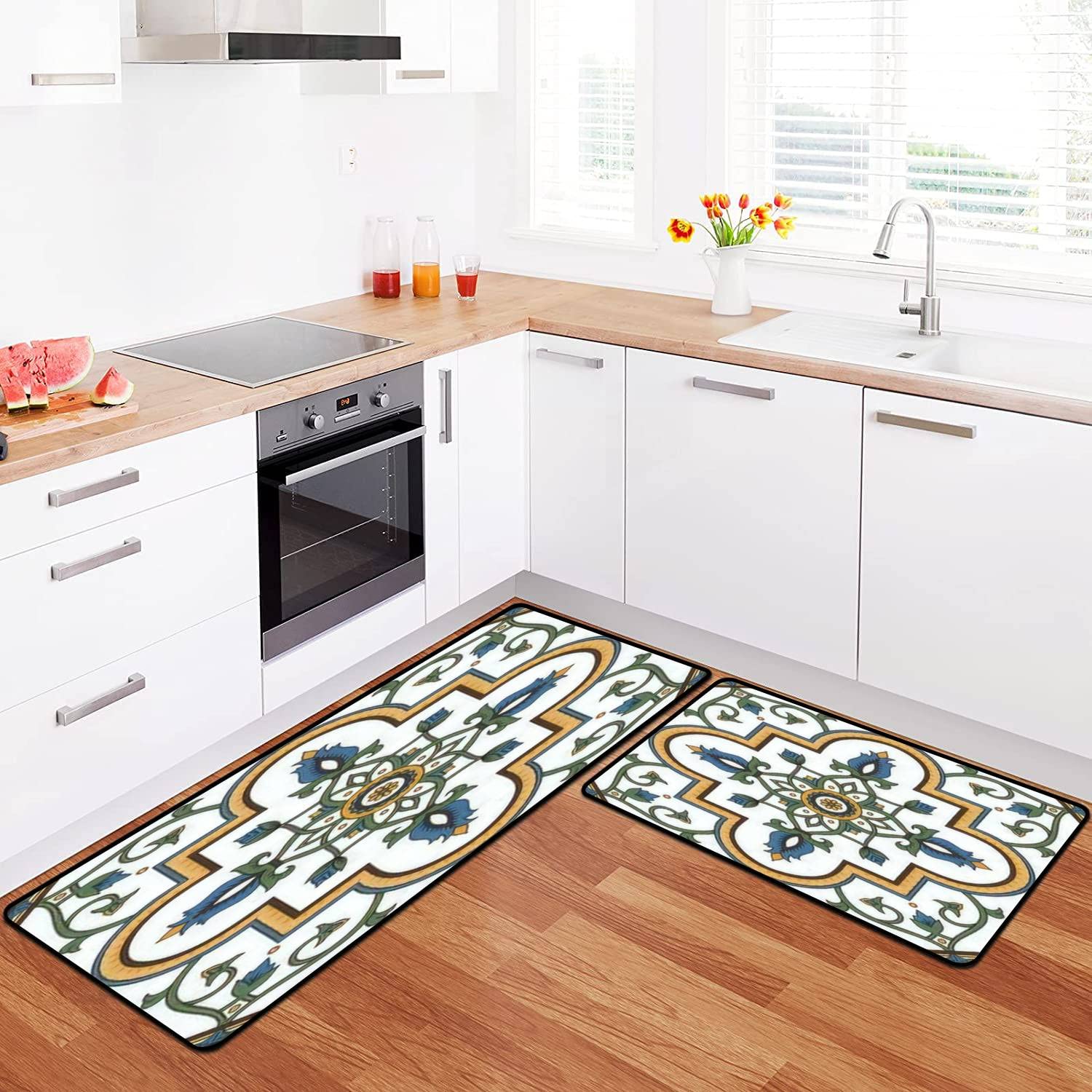 Portugal Azulejo Kitchen Rugs Set - Non-Slip Washable Floor Mats for Kitchen & Bath Decor