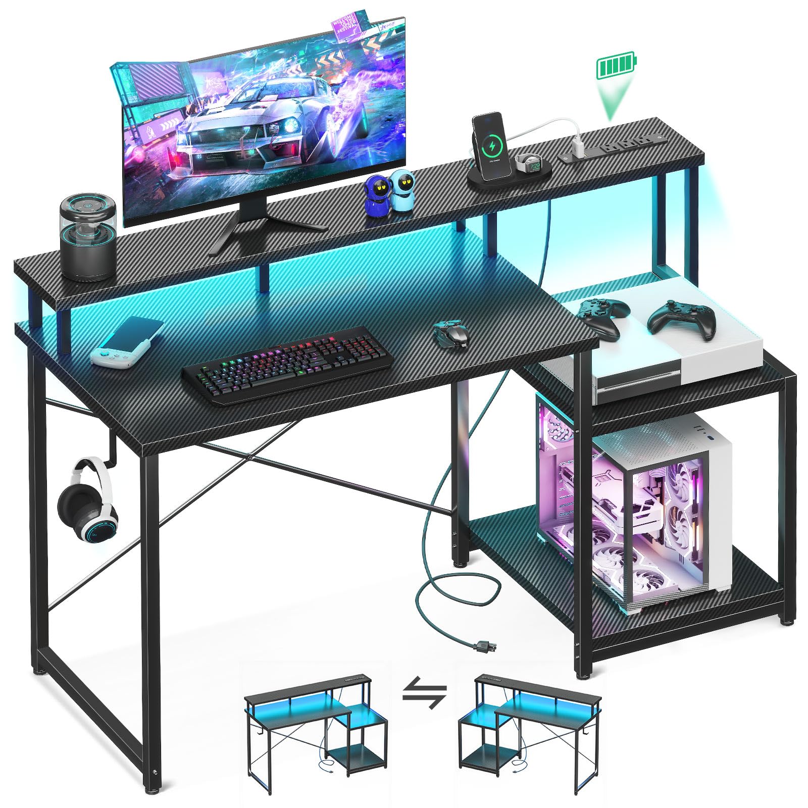 AODK 48 Inch Gaming Computer Desk with LED Lights & Power Outlet - Carbon Fiber Black Office Desk with Monitor Shelf, Headphone Hook & Printer Storage | Perfect for Home Office, Gaming Setup & Workspace Organization