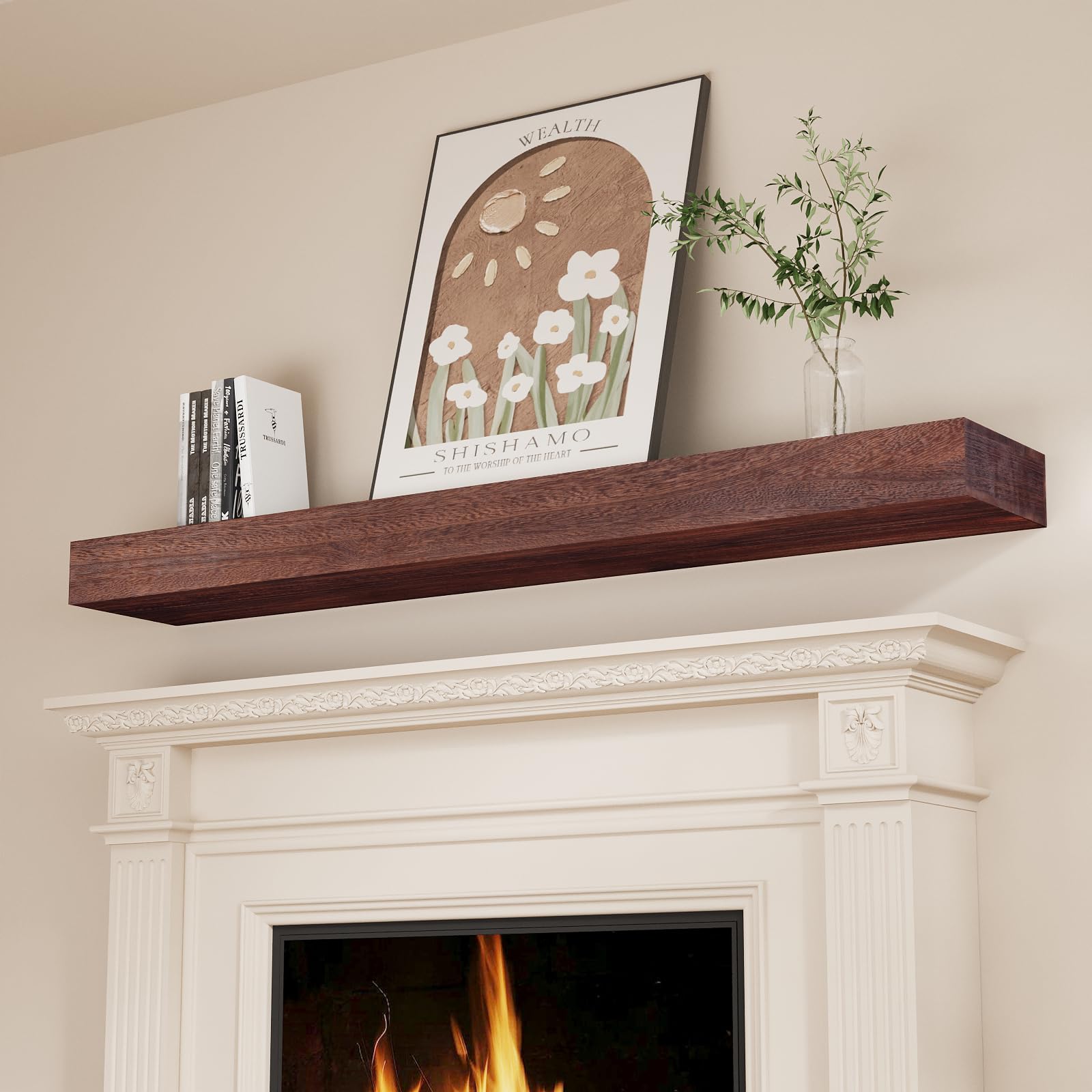 48 Inch Solid Wood Floating Shelf - SAUMONIERES Fireplace Mantel Shelf, Wall Mounted Hollow Shelf for Living Room, Bedroom & Office Decor (Brown)