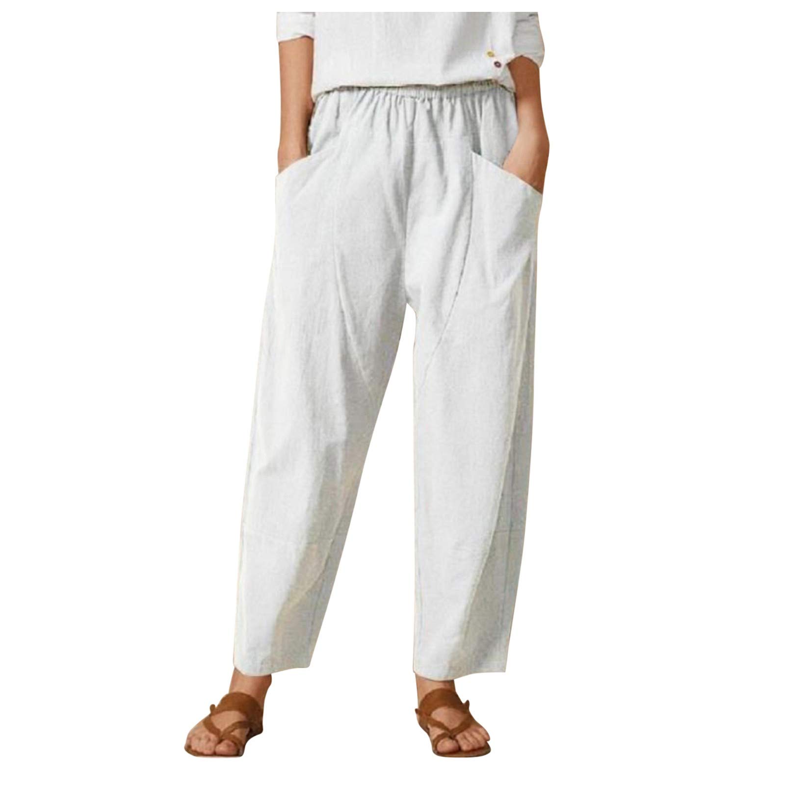 Xiloccer Women's Wide Leg Jogger Pants with Pockets - Elastic Waist Casual Work Pants, Cropped Capri Trousers for Office, Lounge & Travel Wear