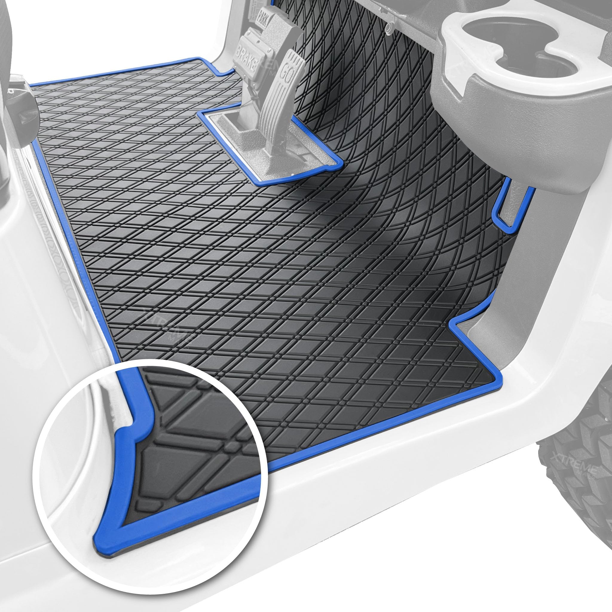 Xtreme Mats Club Car Golf Cart Floor Mat - Heavy Duty Rubber Liner for Precedent (2004-2024+), Onward, Tempo (2017-2024+), Villager & V4L (2019-2024+) - Blue Trim - Perfect for Golfing, Camping & Outdoor Adventures