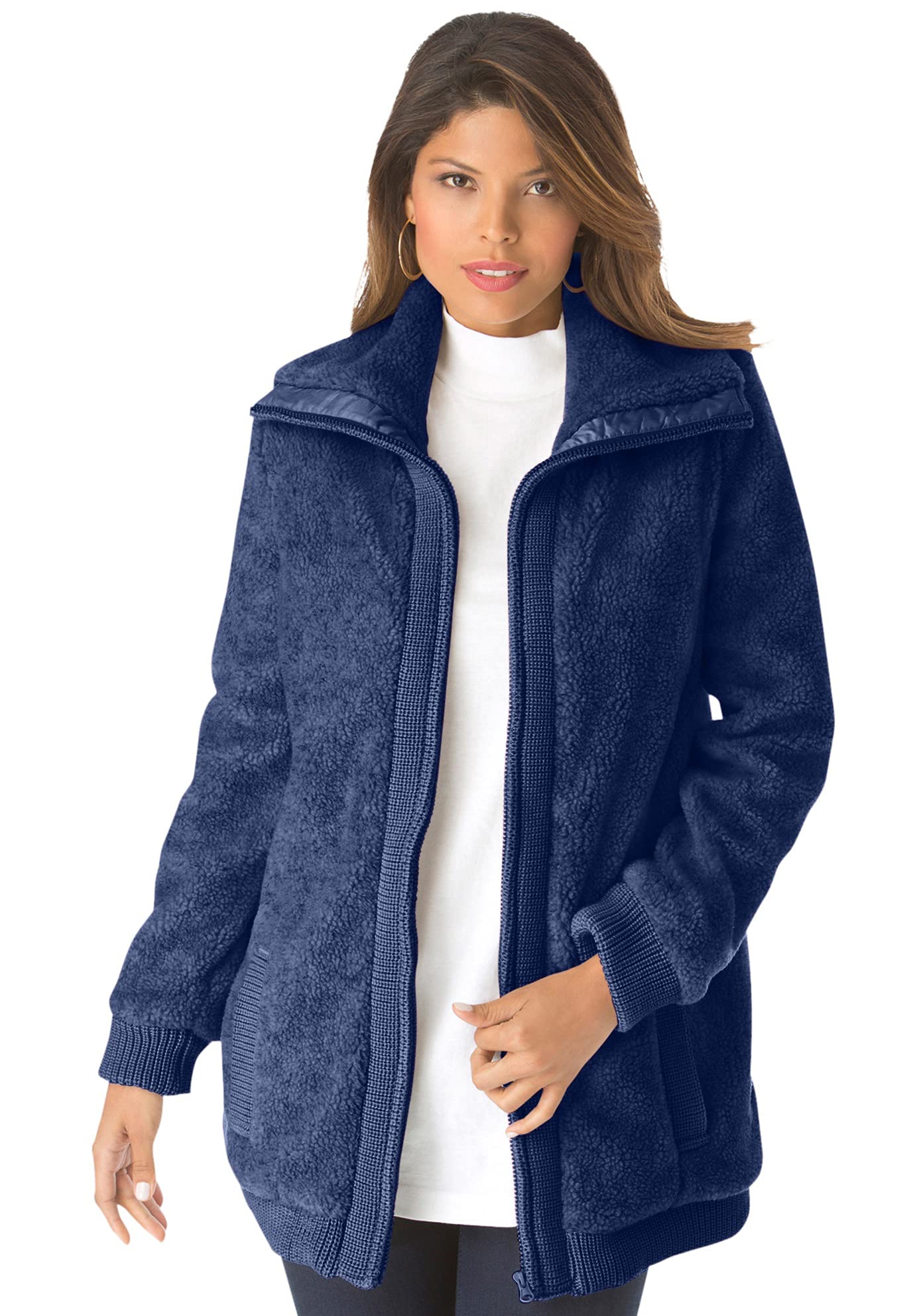 Roaman's Women's Plus Size Mid Weight Teddy Bomber Jacket - Cozy Winter Outerwear for Casual & Street Style Fashion