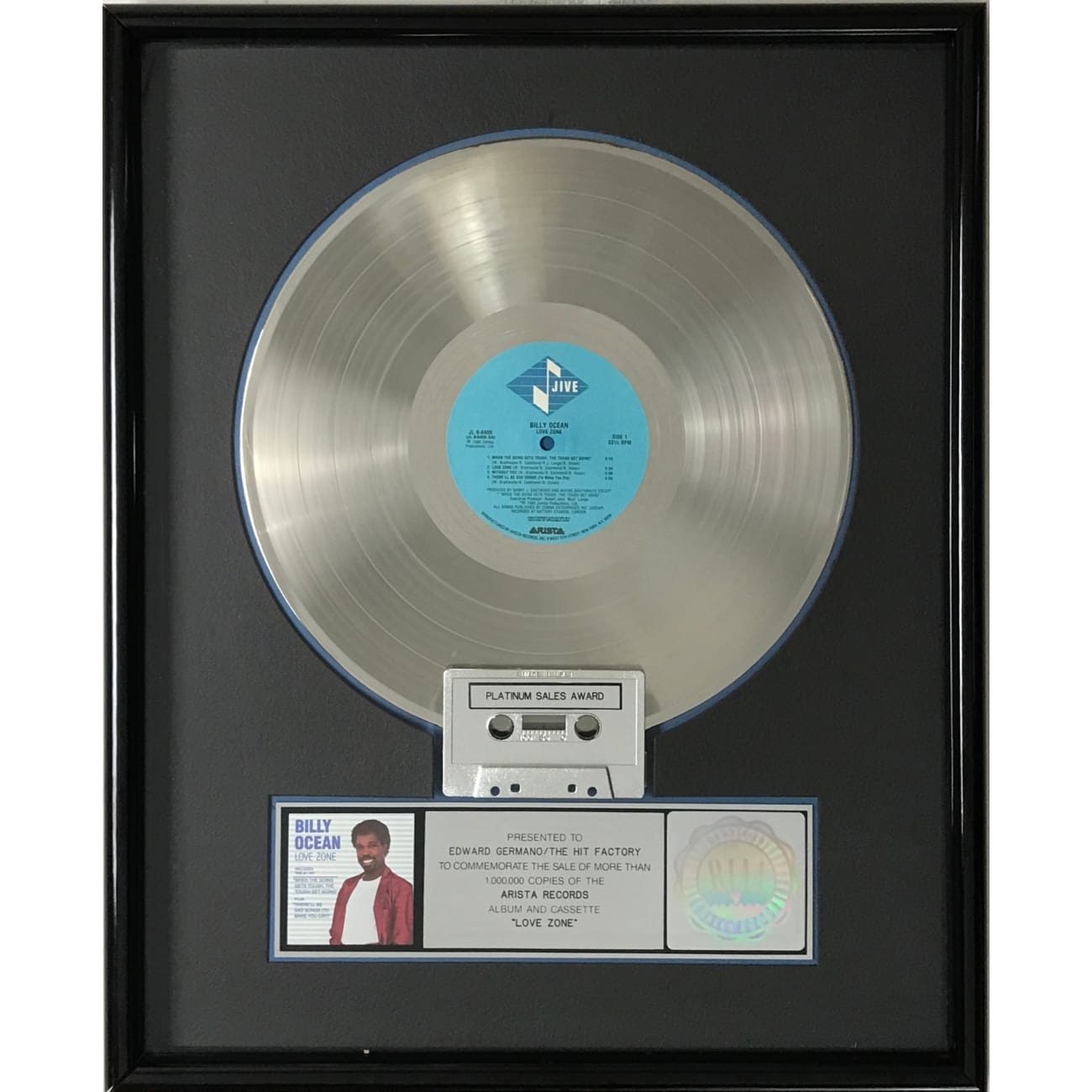 Billy Ocean Love Zone RIAA Platinum Album Award - Official Music Collectible for Fans & Memorabilia Display