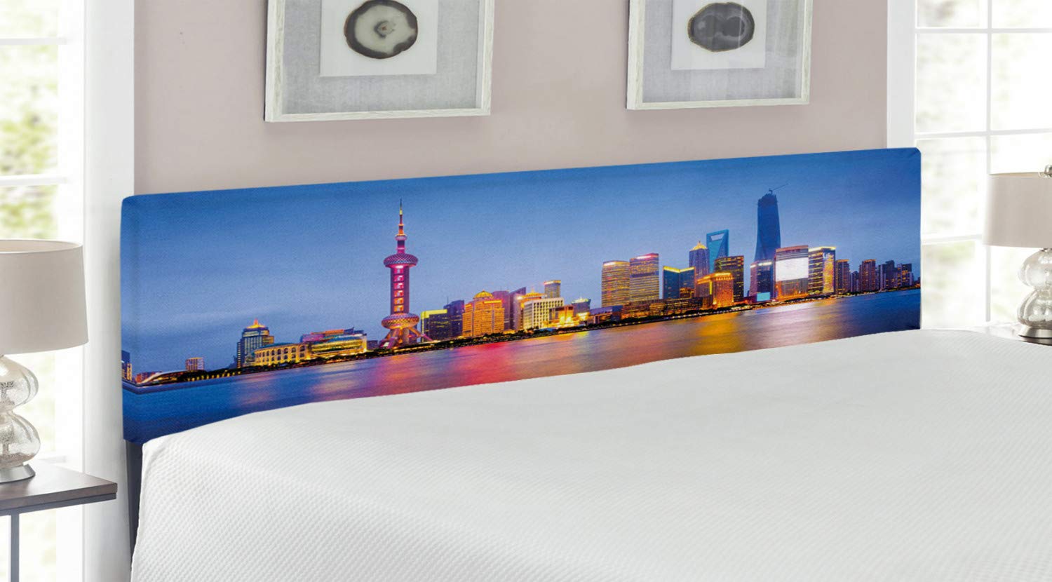 Ambesonne Urban Headboard - Shanghai City Skyline on Huangpu River at Dusk, Upholstered Decorative Metal Bed Frame with Memory Foam, King Size in Blue Pink Yellow | Modern Bedroom Decor for Home & Apartment