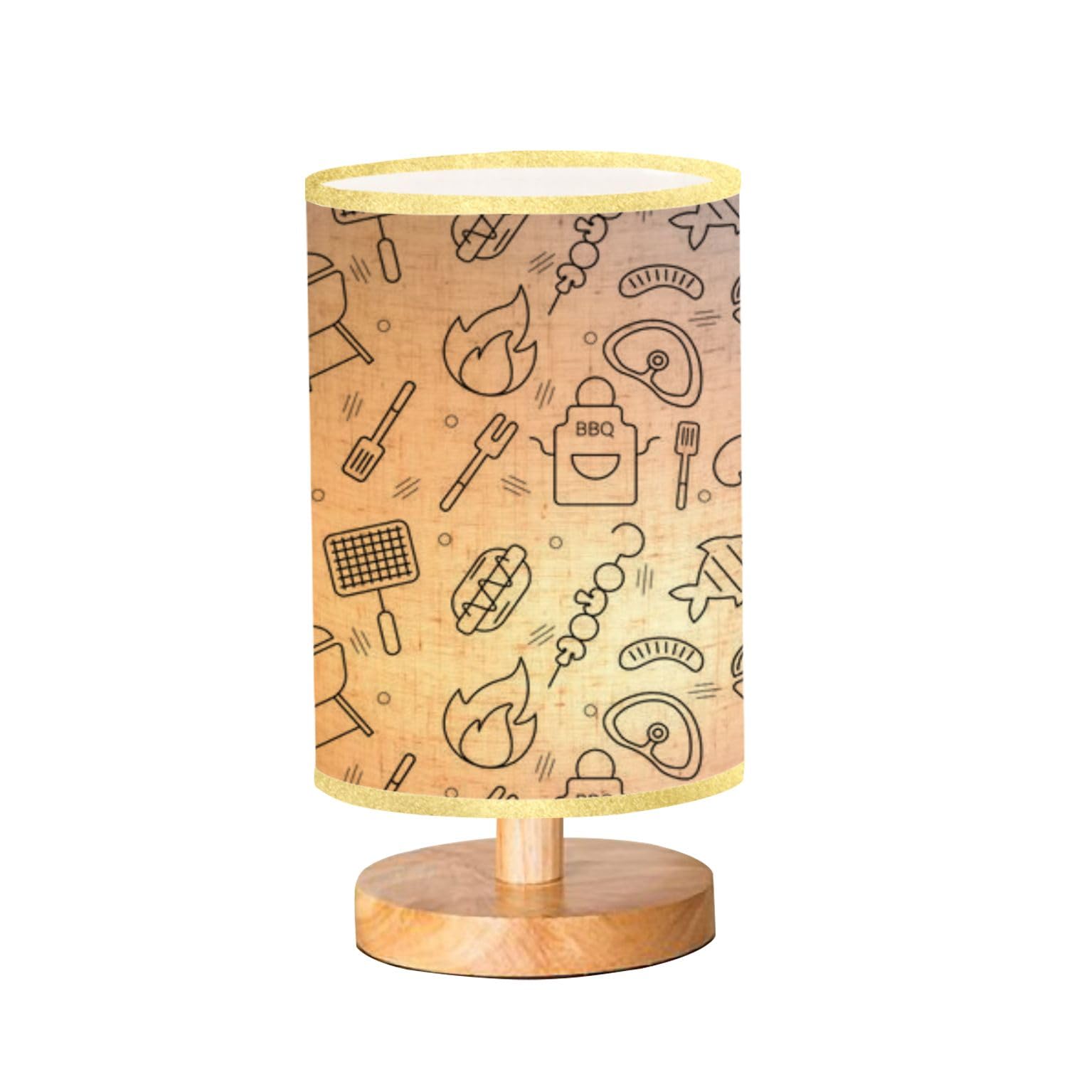 Dimmable Wood Base Table Lamp with Linen Shade - Bedside Nightstand Lamp for Bedroom, Living Room & Office - Summer BBQ & Seamless Pattern Design - Perfect for Reading, Relaxing & Ambient Lighting