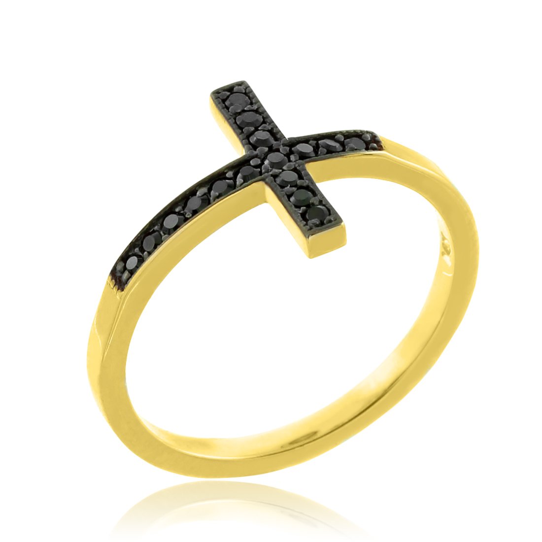 10K Yellow Gold Sideways Cross Ring with Black Diamonds - Size 6.5 - Elegant Religious Jewelry for Women, Perfect for Church, Weddings & Everyday Wear