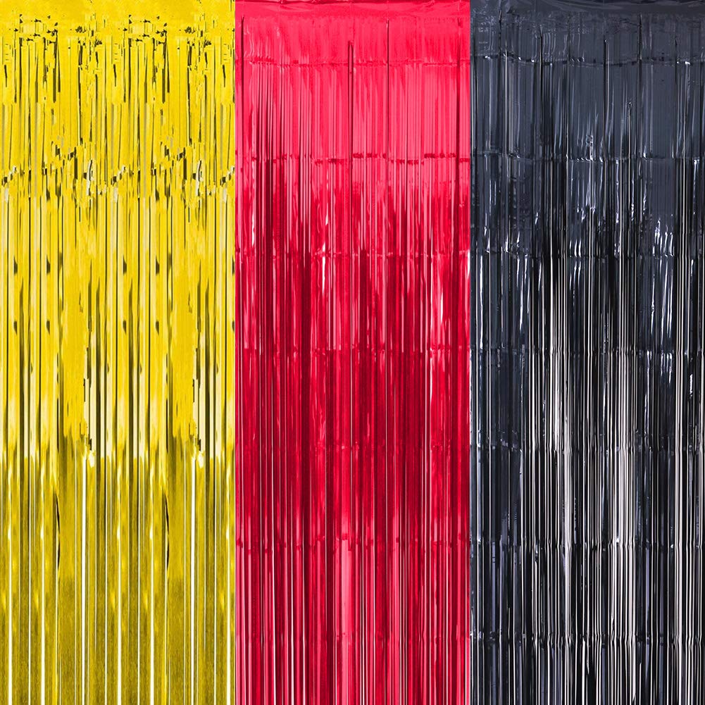 Cartoon Mouse Party Decorations - 3 Pack Black Red Gold Tinsel Foil Fringe Curtains (3.2x6.6 ft) for Birthday Photo Booth Backdrop, Baby Shower & New Year Party Supplies - Perfect for Kids Birthday Decor, Themed Events and Festive Celebrations
