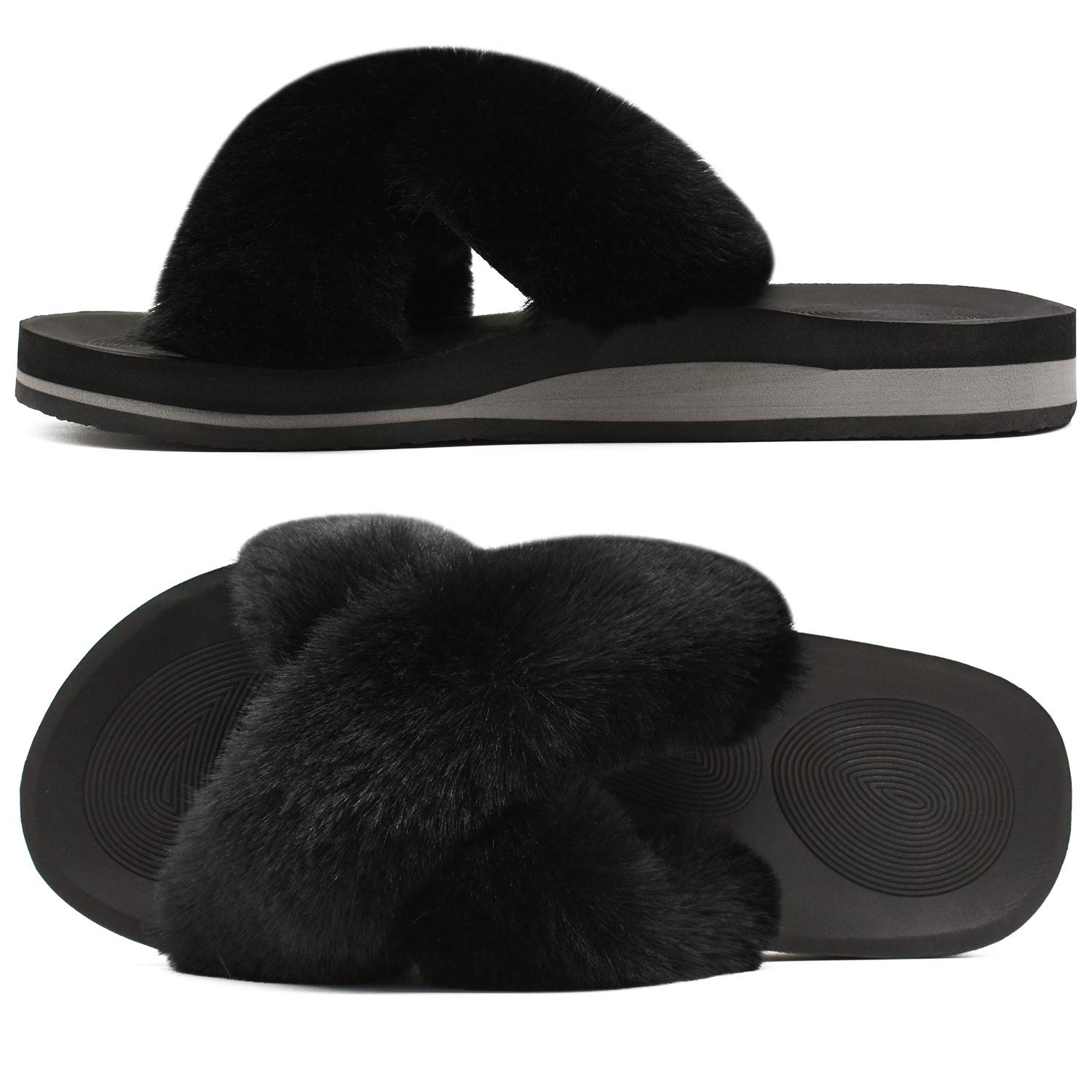 COFACE Women's Fuzzy Slides - Fluffy Faux Fur House Slippers with Arch Support, Open Toe Yoga Mat Sandals for Indoor/Outdoor Wear - Perfect for Lounging, Yoga, and Home Comfort