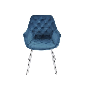 Luxury Blue Velvet Chrome Armchair Set of 2 - Modern Accent Chairs for Living Room, Bedroom or Office - Soft Upholstered Seating with Sturdy Metal Legs