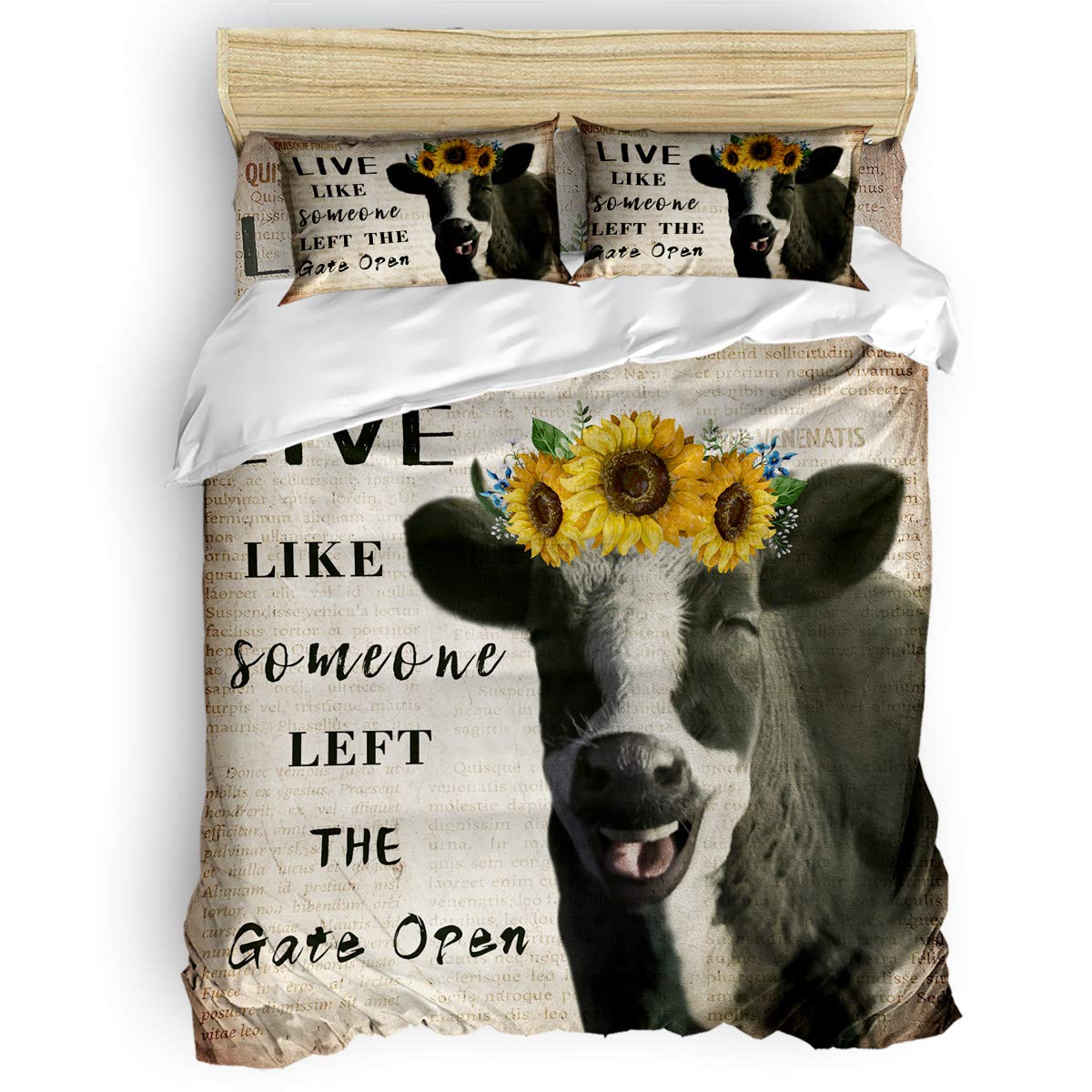 Soft Lightweight Duvet Cover Set 4-Piece Bedding with Zipper Closure - Life Like Someone Left The Gate Open Smile Cattle USA Farm Design - Full Size Comforter Cover & Sheet Set for Cozy Farmhouse Bedroom Decor