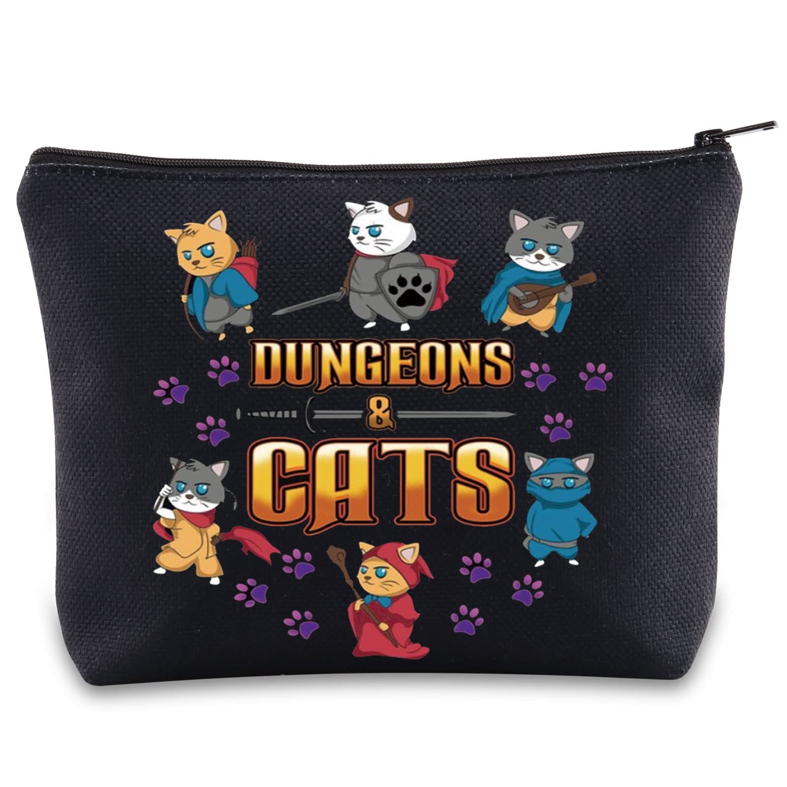 Dungeons and Cats Themed Makeup Bag - D20 Dice Dragon Master Zipper Pouch for RPG Gamers | Perfect for Cosplay, D&D Sessions & Fantasy Gift Giving
