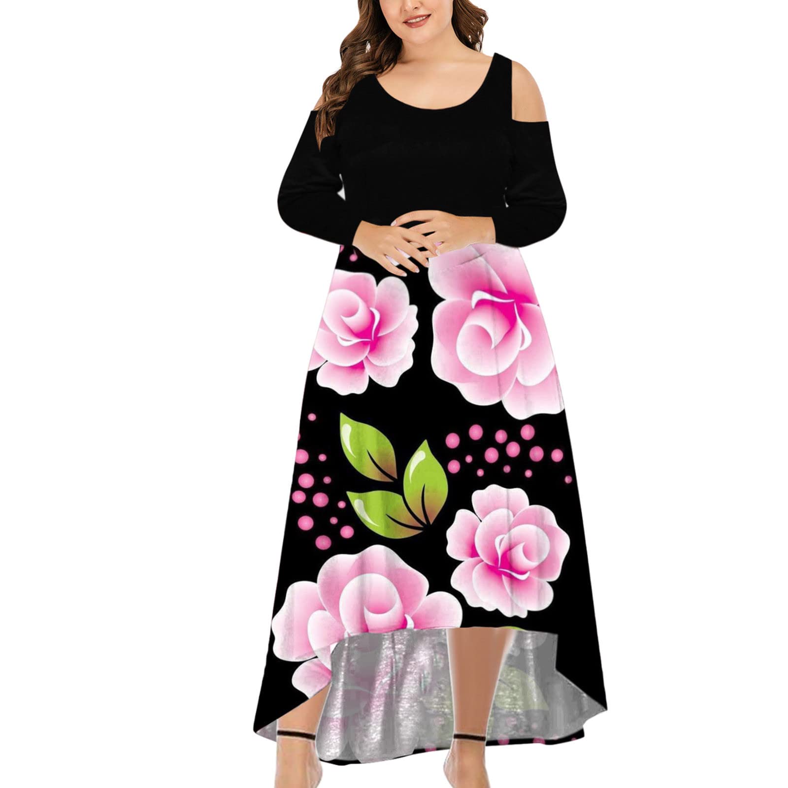 Plus Size Women's Lace & Polka Dot Print Long Sleeve Dress - Elegant Round Neck Evening Party Gown for Special Occasions & Formal Events