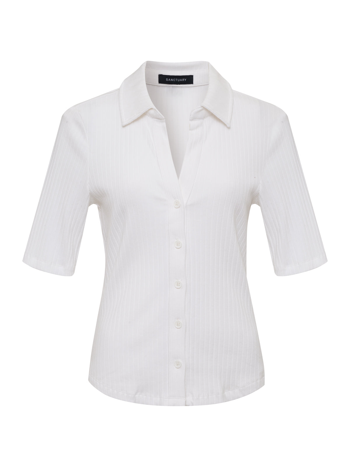 Stylish Half Sleeve Ribbed Knit Shirt for Women - Comfortable White Cotton Top for Casual Wear & Everyday Outfits