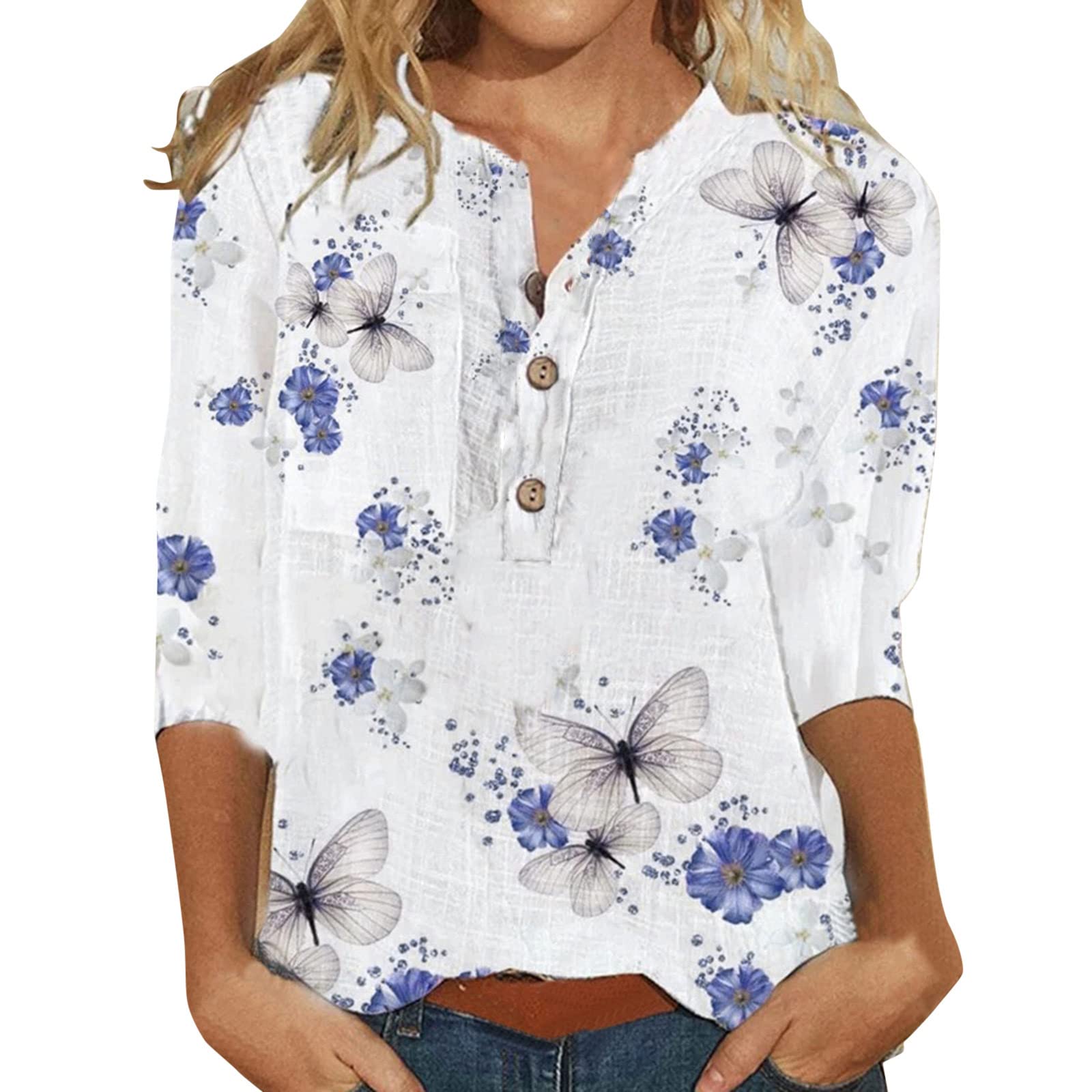 Women's Fashion V-Neck Button Top Shirt - Casual Medium Sleeve Printed & Spliced T-Shirt for Everyday Wear, Work & Outings