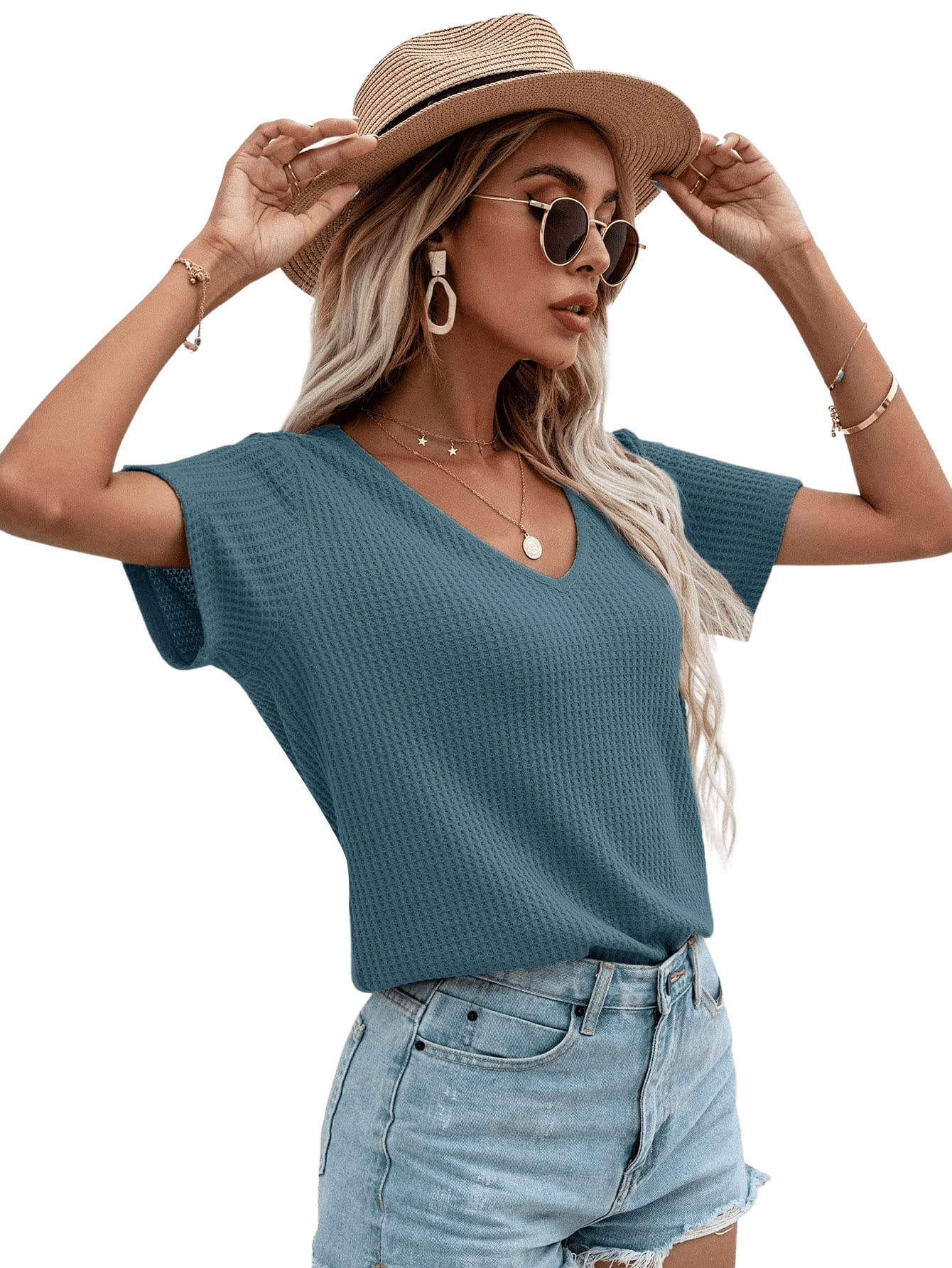 SweatyRocks Women's Casual V-Neck Short Sleeve Waffle Knit T-Shirt - Soft Breathable Cotton Top for Everyday Wear, Work, and Weekend Outings