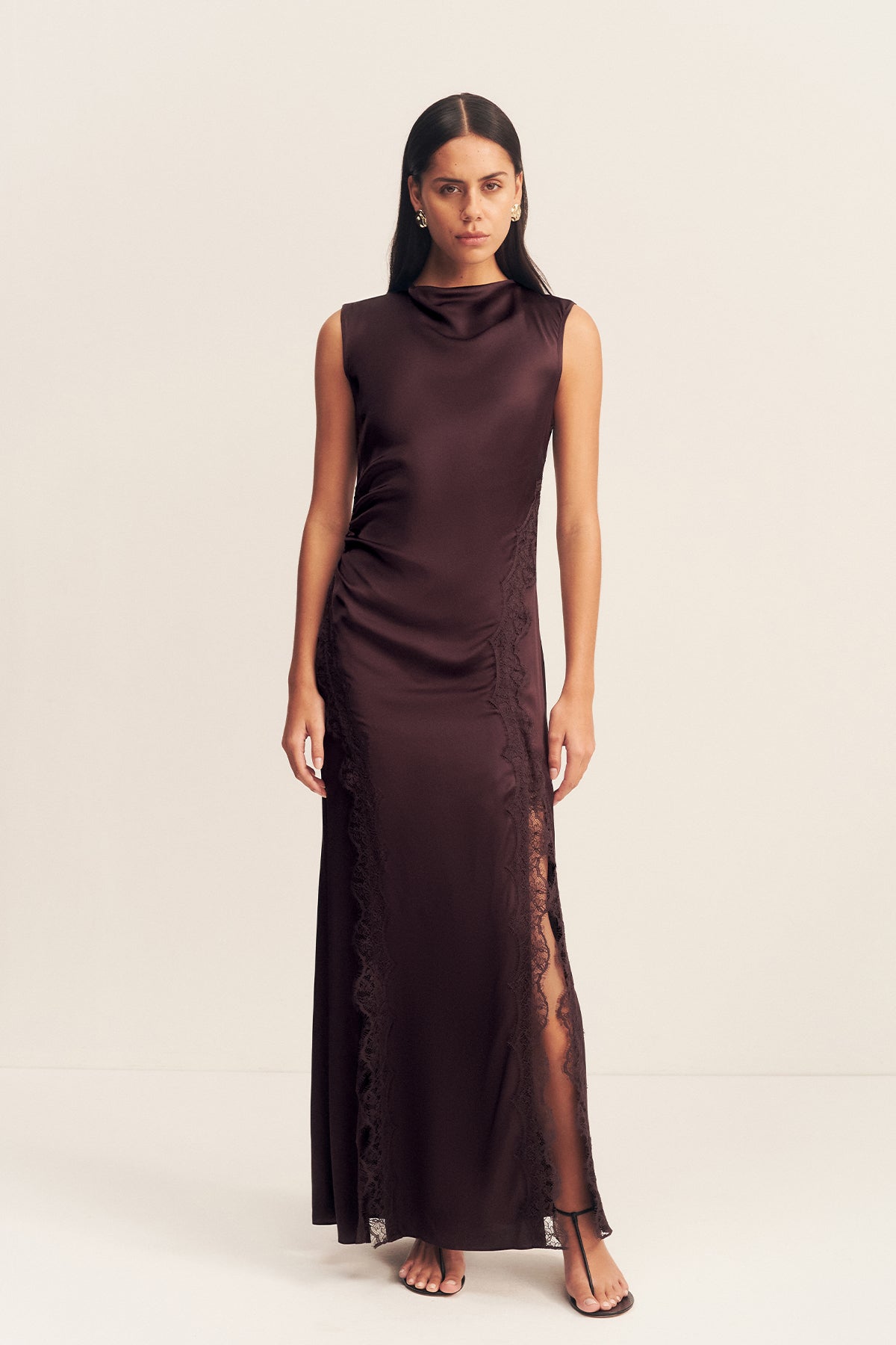 ALLEGRA Lace Panelled Maxi Dress in Espresso - Elegant Long Formal Dress for Weddings, Parties & Special Occasions