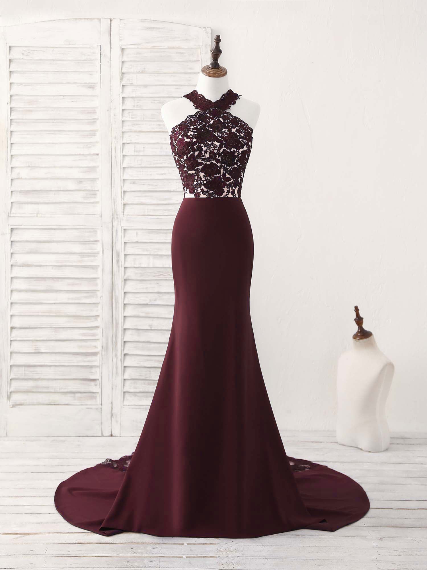 Elegant Burgundy Lace Mermaid Long Prom Dress for Women - Formal Evening Gown for Bridesmaids, Homecoming, and Special Occasions