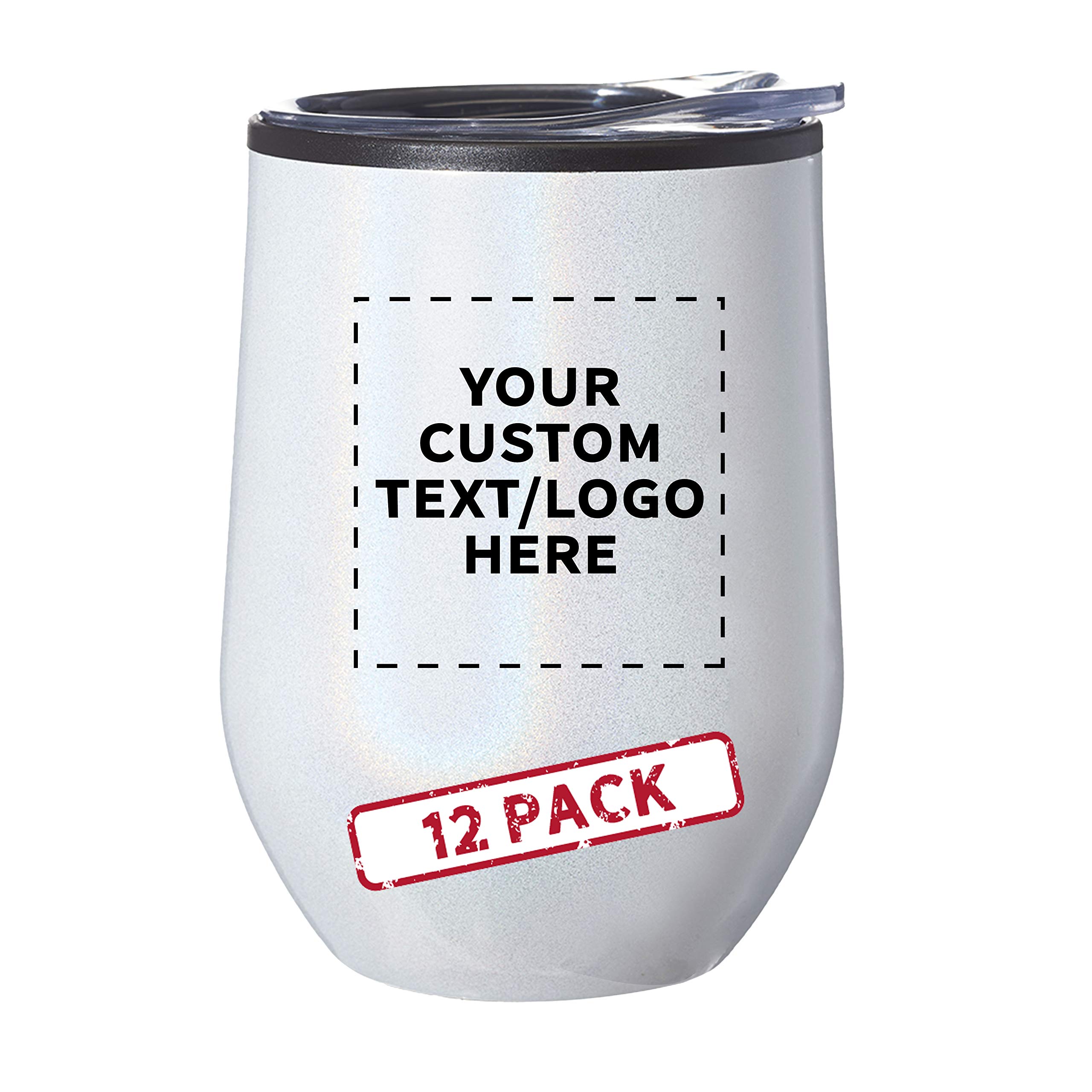 Custom Palmera Stemless Wine Tumblers with Lids - 12 oz Set of 12, Personalized Bulk Pack - Iridescent White - Perfect for Wine, Cocktails, Hot & Cold Beverages - Great for Parties, Weddings, Gifts & Home Entertaining