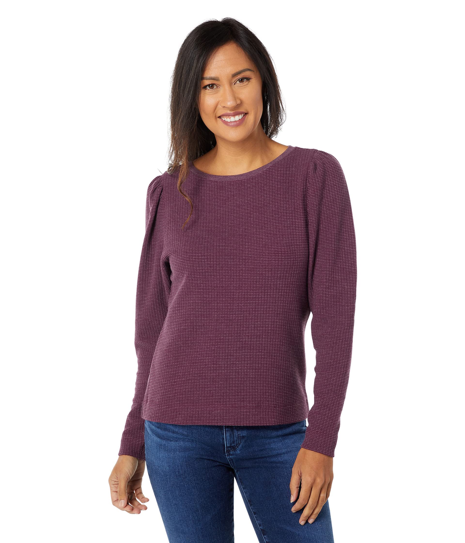 Lilla P Women's Puff Sleeve Textured Waffle Boatneck Top - Casual Chic Blouse for Work, Date Night & Everyday Wear