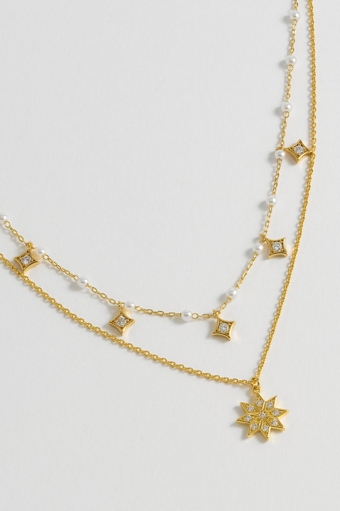 Pearl Star Double Chain Necklace for Women - Elegant Layered Gold Plated Jewelry for Party, Wedding & Everyday Wear