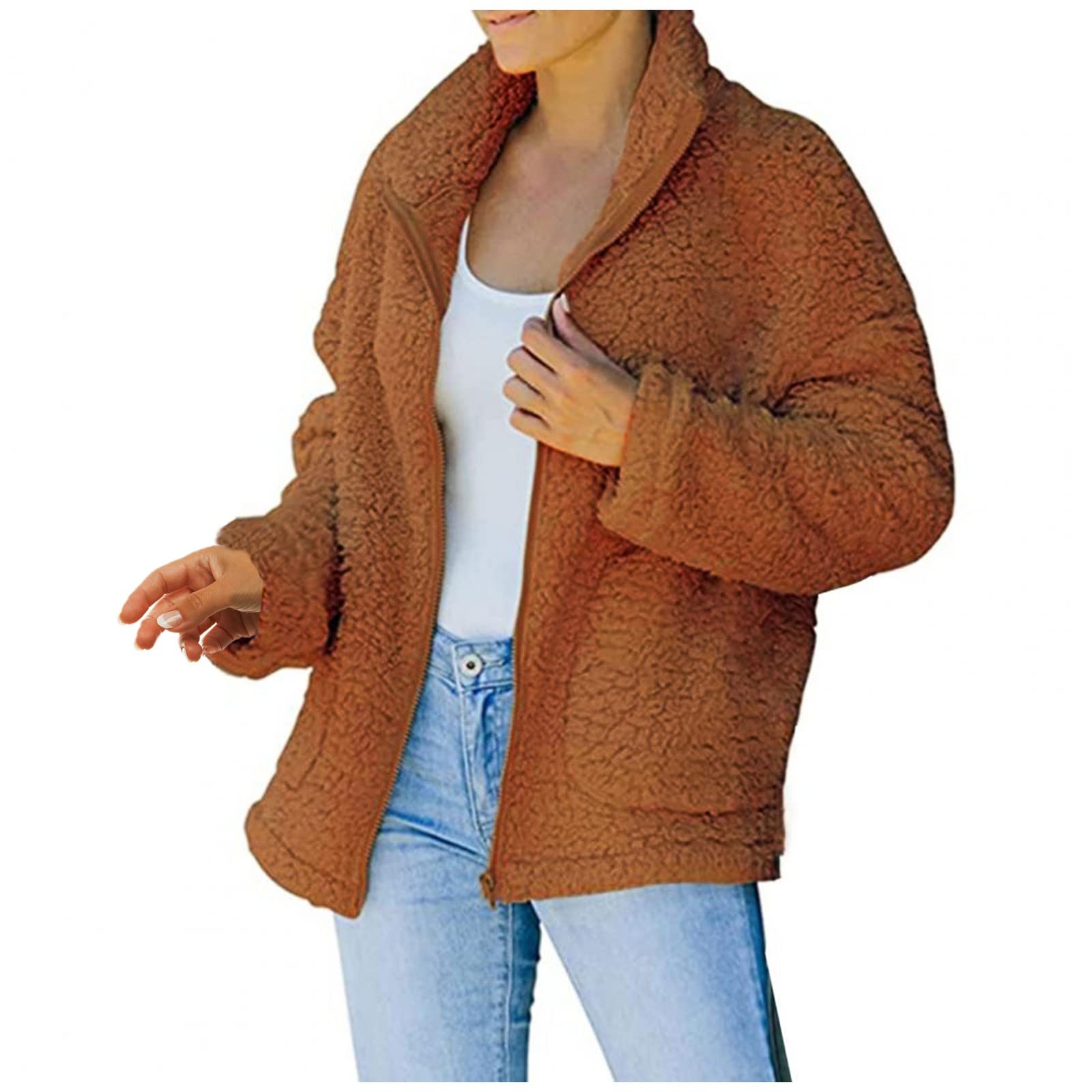ZiSUGP Women's Winter Warm Shaggy Lamb Wool Coat - Zip Up Jacket with Pockets for Cold Weather | Cozy Outerwear for Snow Days & Holiday Outfits