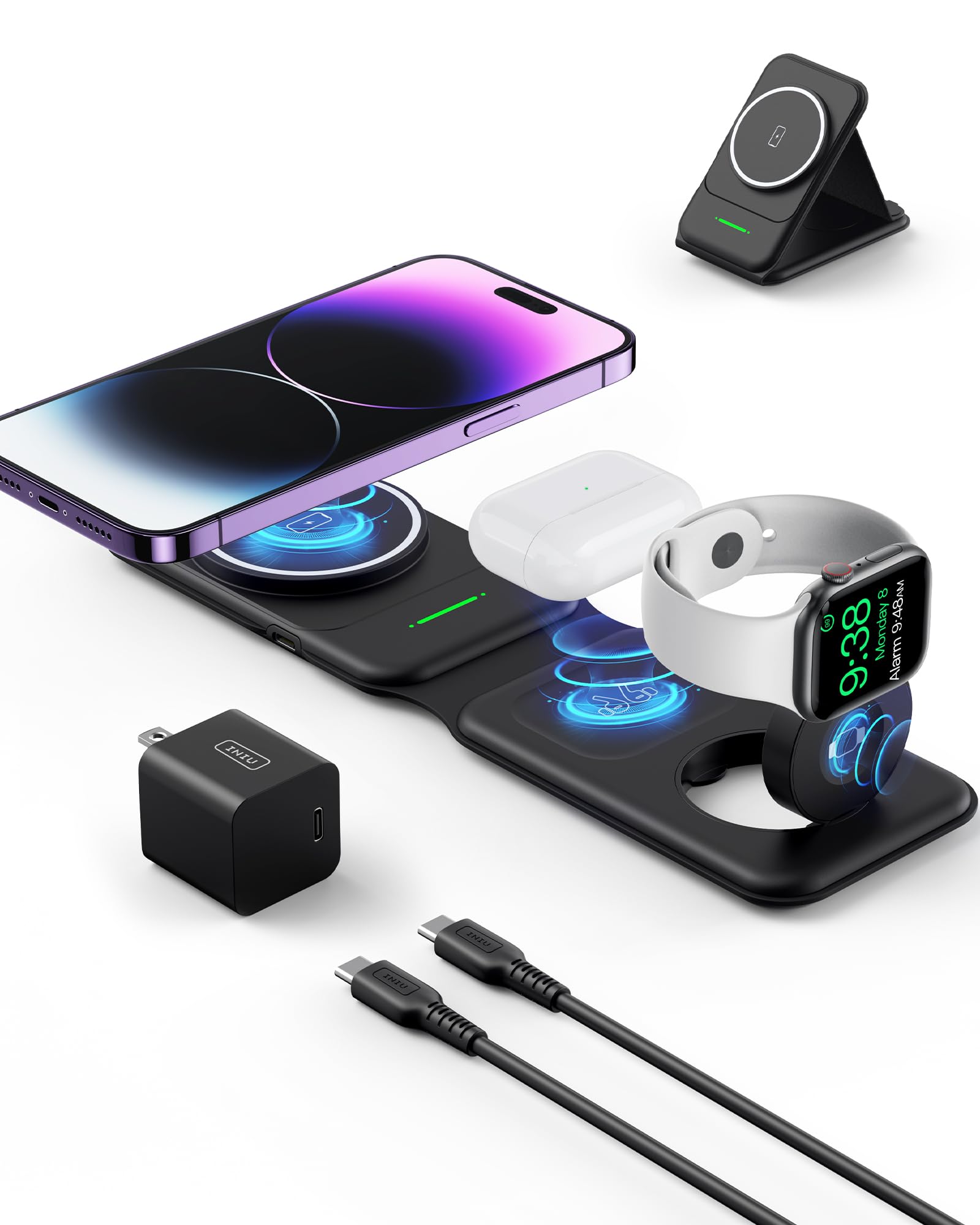 INIU 3-in-1 Magnetic Wireless Charging Station - Foldable Fast Charger for iPhone 16/15/14/13 Series, Apple Watch & AirPods - Portable Travel Charger with MagSafe (Adapter Included) | Perfect for Home, Office & Travel Use