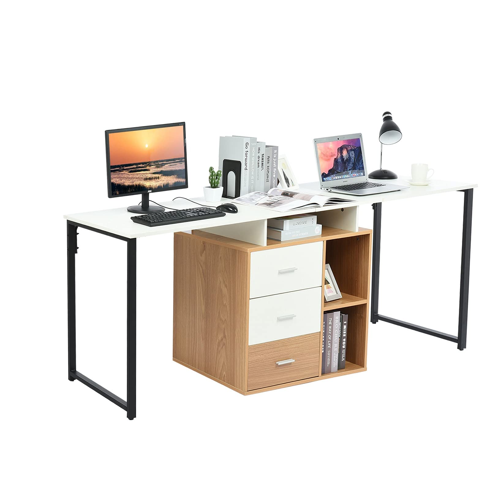 87-inch L-Shaped Computer Desk for 2 People with Storage Drawers & Shelves - Spacious Black Workstation for Home Office, Gaming & Study (ACBAC)