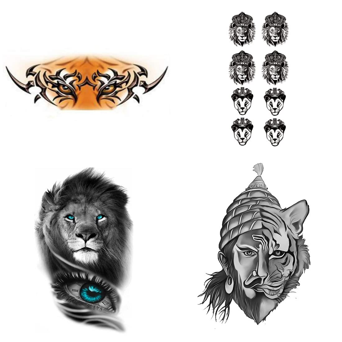 Lion & Tiger Eye Shivaji Temporary Tattoo Stickers - Pack of 4 Waterproof Fake Tattoos for Men & Women (2x4 Inch) - Perfect for Festivals, Costume Parties & Body Art