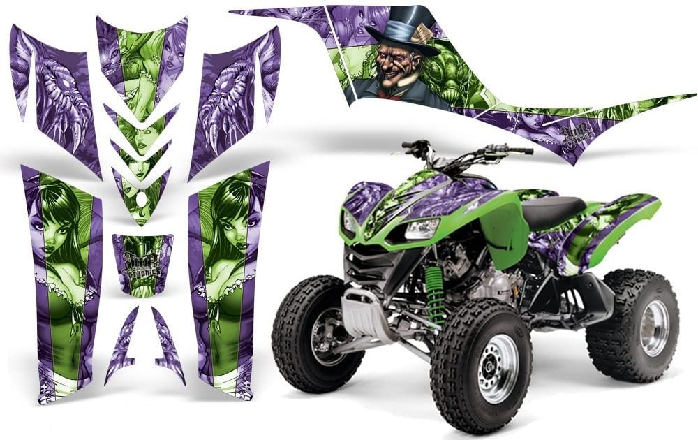 AMR Racing ATV Graphics Kit Sticker Decal for Kawasaki KFX 700 (2004-2009) - Mad Hatter Green & Purple Design - High-Quality Durable ATV Decals for Off-Road Racing & Customization