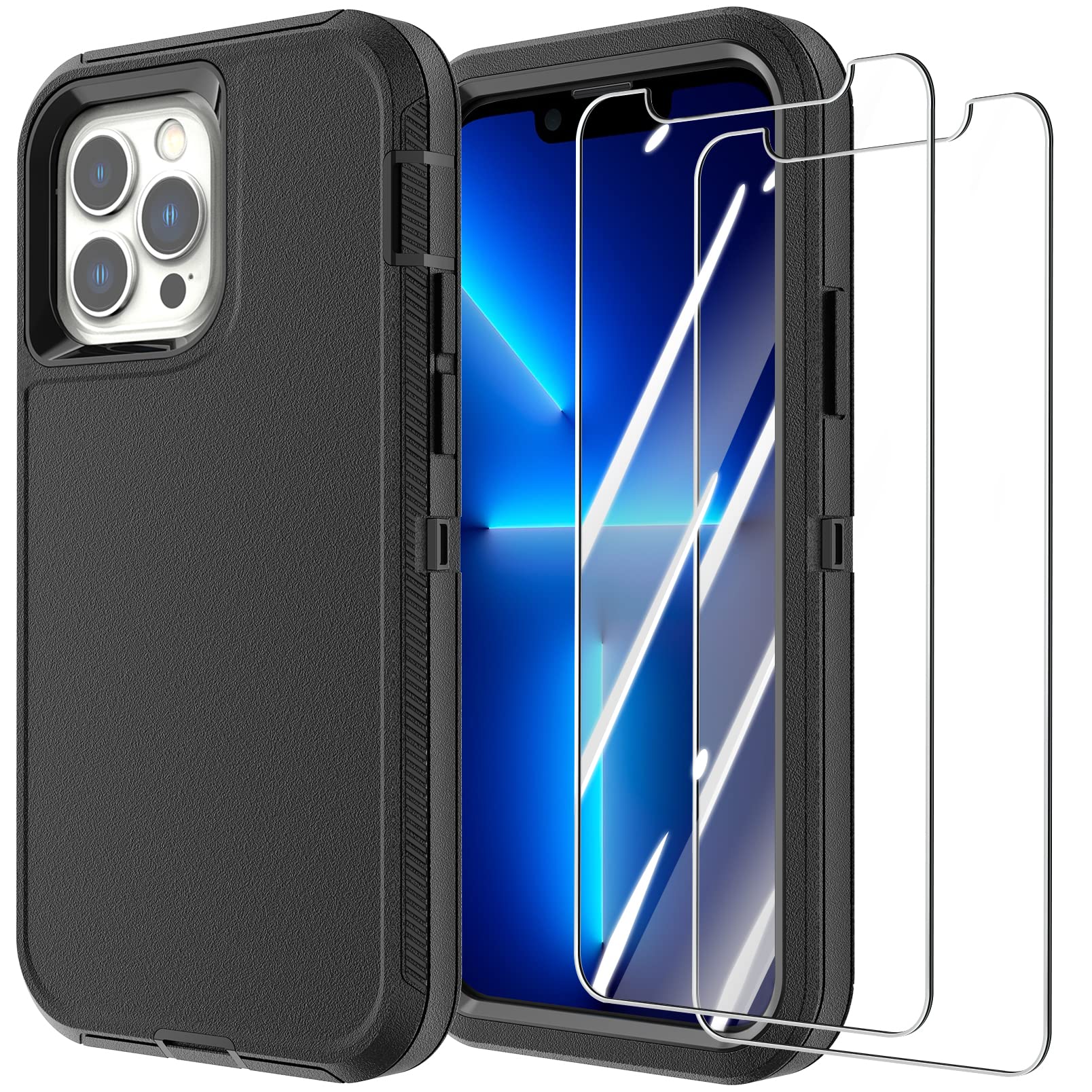 Annymall Heavy Duty Shockproof Rugged Case for iPhone 13 Pro Max with 2 Screen Protectors - 3-Layer Military Grade Protection, Drop Proof Cover (Black) - Perfect for Outdoor Adventures, Construction Work & Extreme Sports